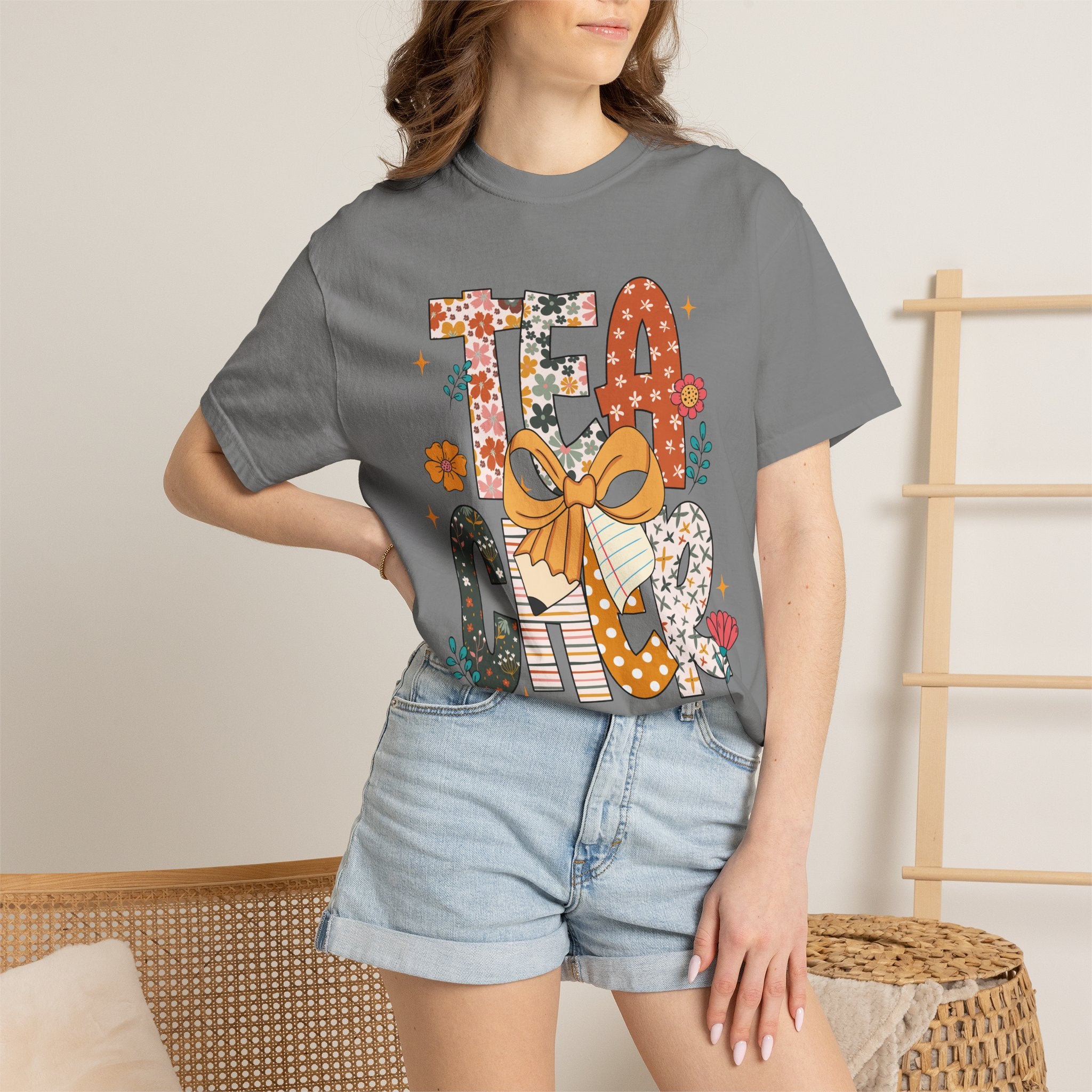 Teacher Graphic T-Shirt — Floral "Teacher" Design with Ribbon