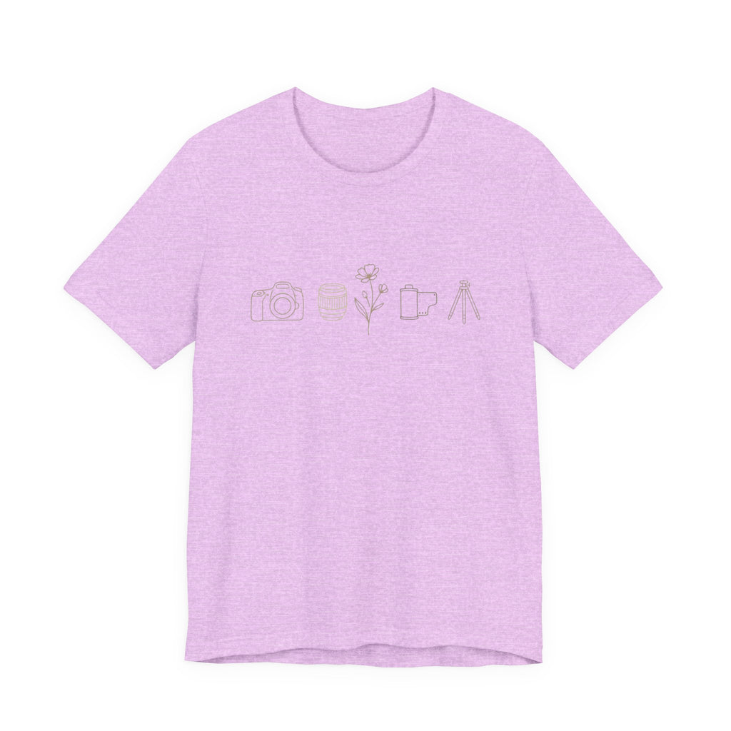 Photography Icons Tee — Minimal Camera, Film, Flower & Tripod Graphic Shirt