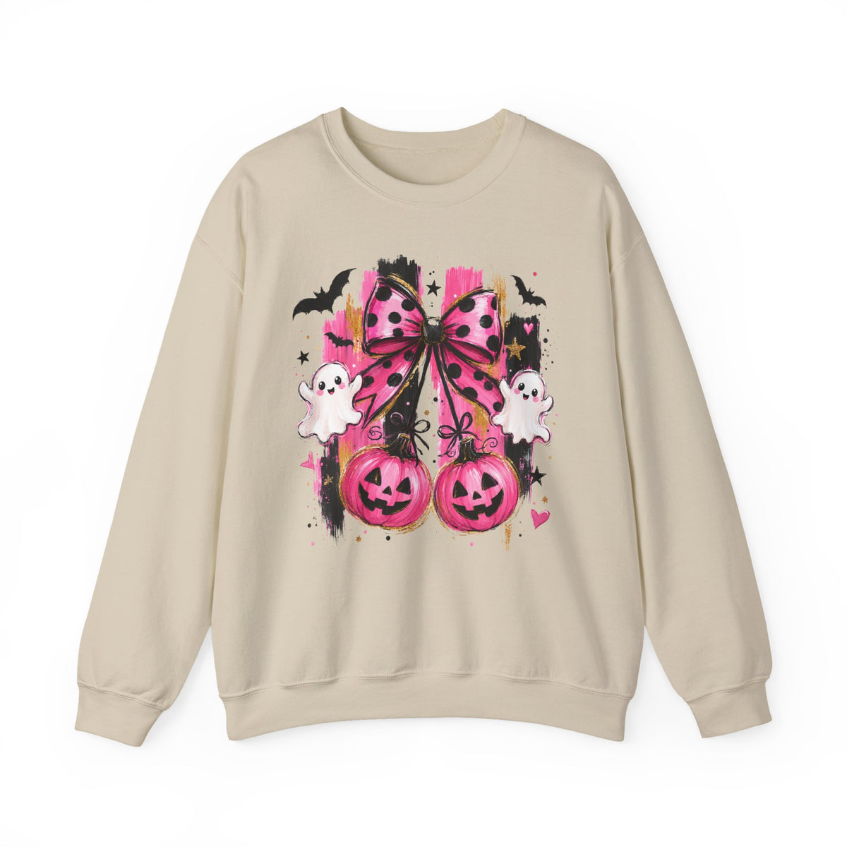 Halloween Pink Pumpkins Crewneck Sweatshirt — Cute Ghosts & Polka Dot Bow Design