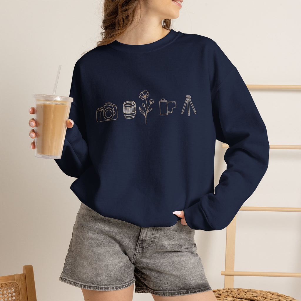 Photography Icons Crewneck Sweatshirt — Minimal Camera, Lens, Film & Tripod Design