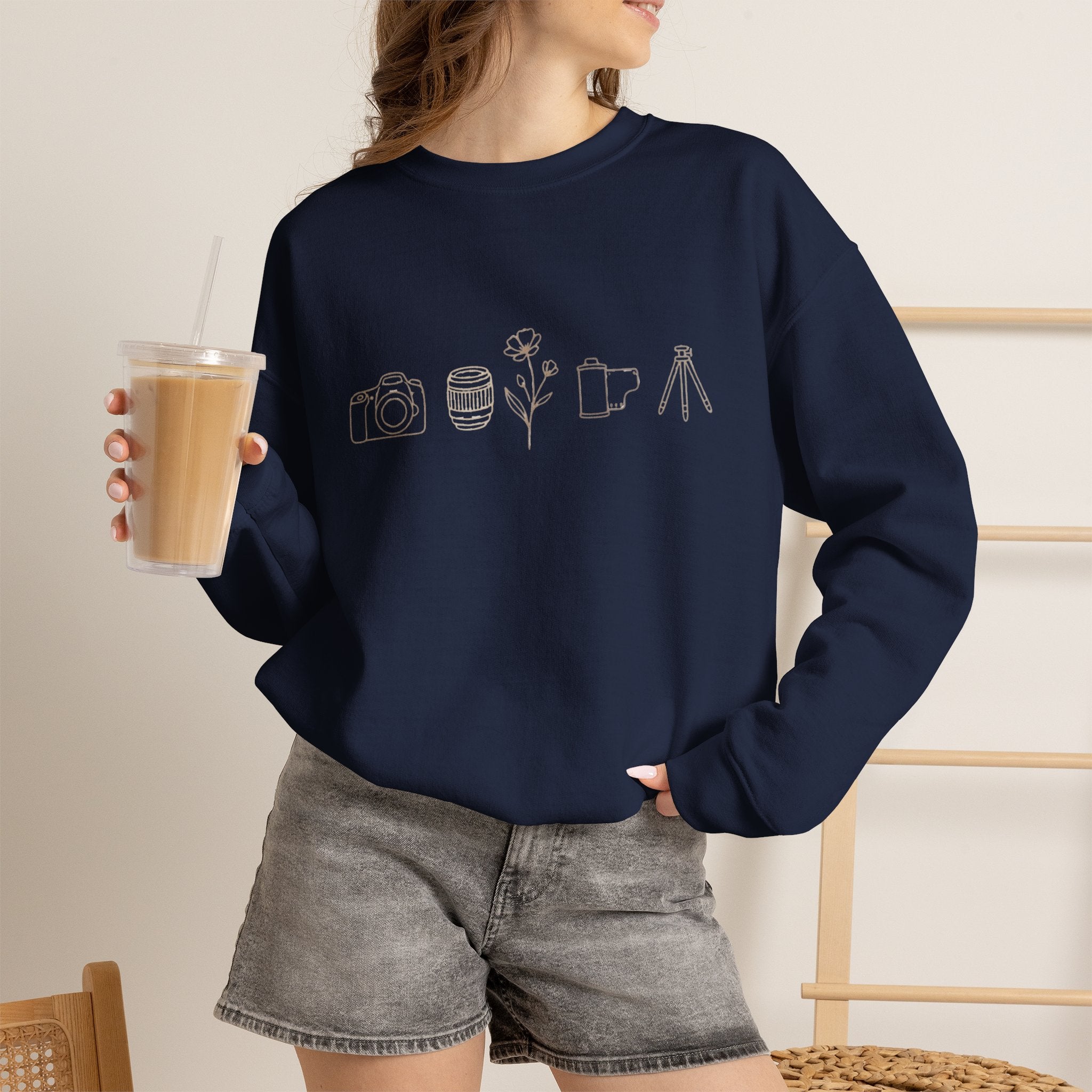 Photography Icons Crewneck Sweatshirt — Minimal Camera, Lens, Film & Tripod Design