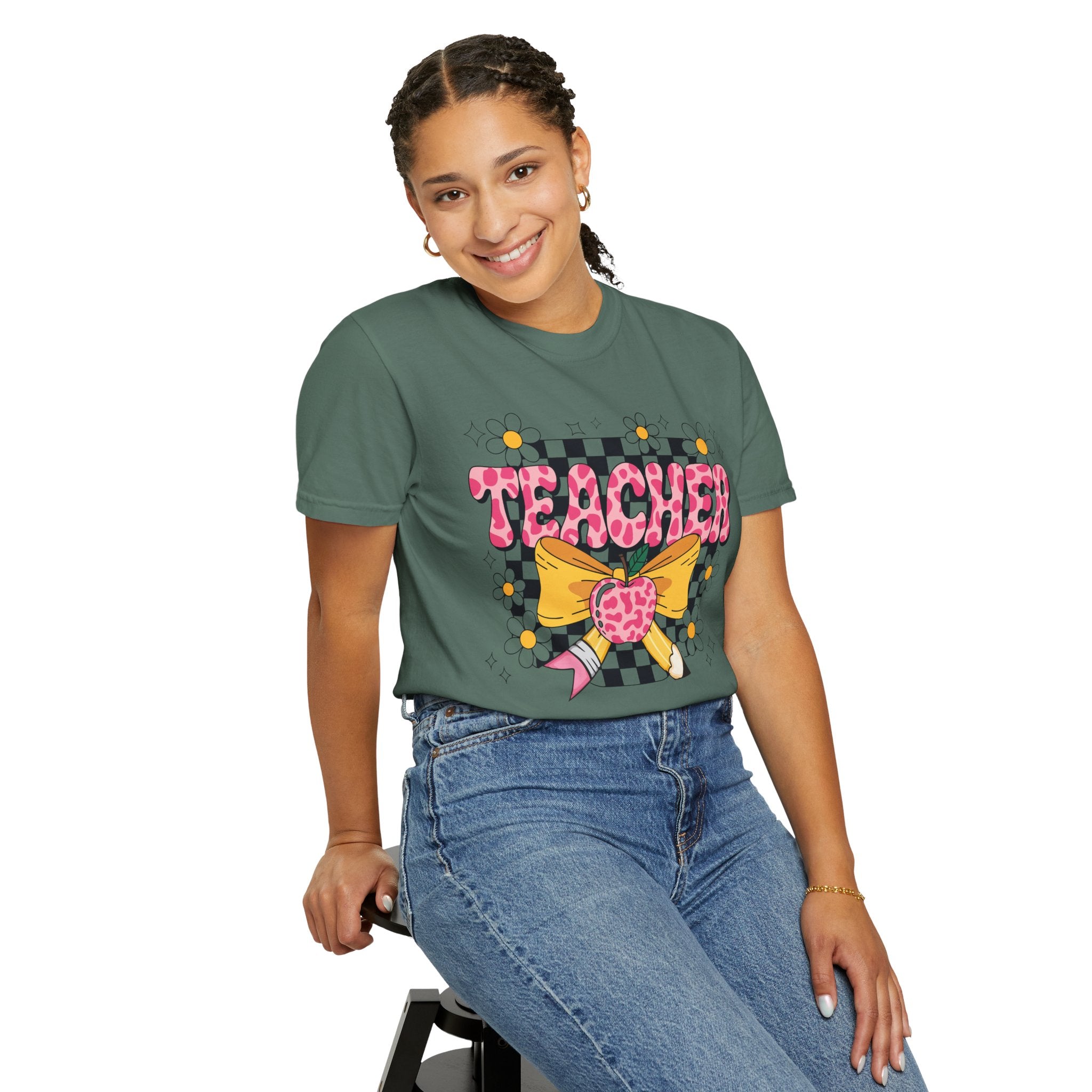 Teacher Floral Bow T‑Shirt — Cute Checkerboard & Heart Design for Educators