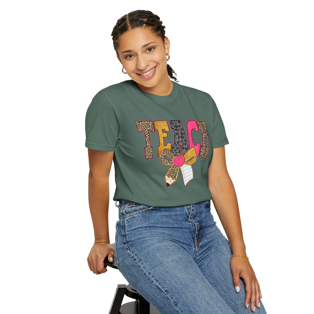 Teacher Graphic Tee — 'TEACH' Leopard Print Pencil Bow Design