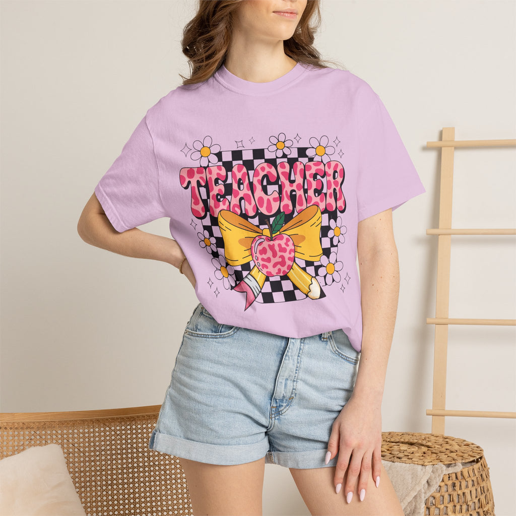 Teacher Floral Bow T‑Shirt — Cute Checkerboard & Heart Design for Educators