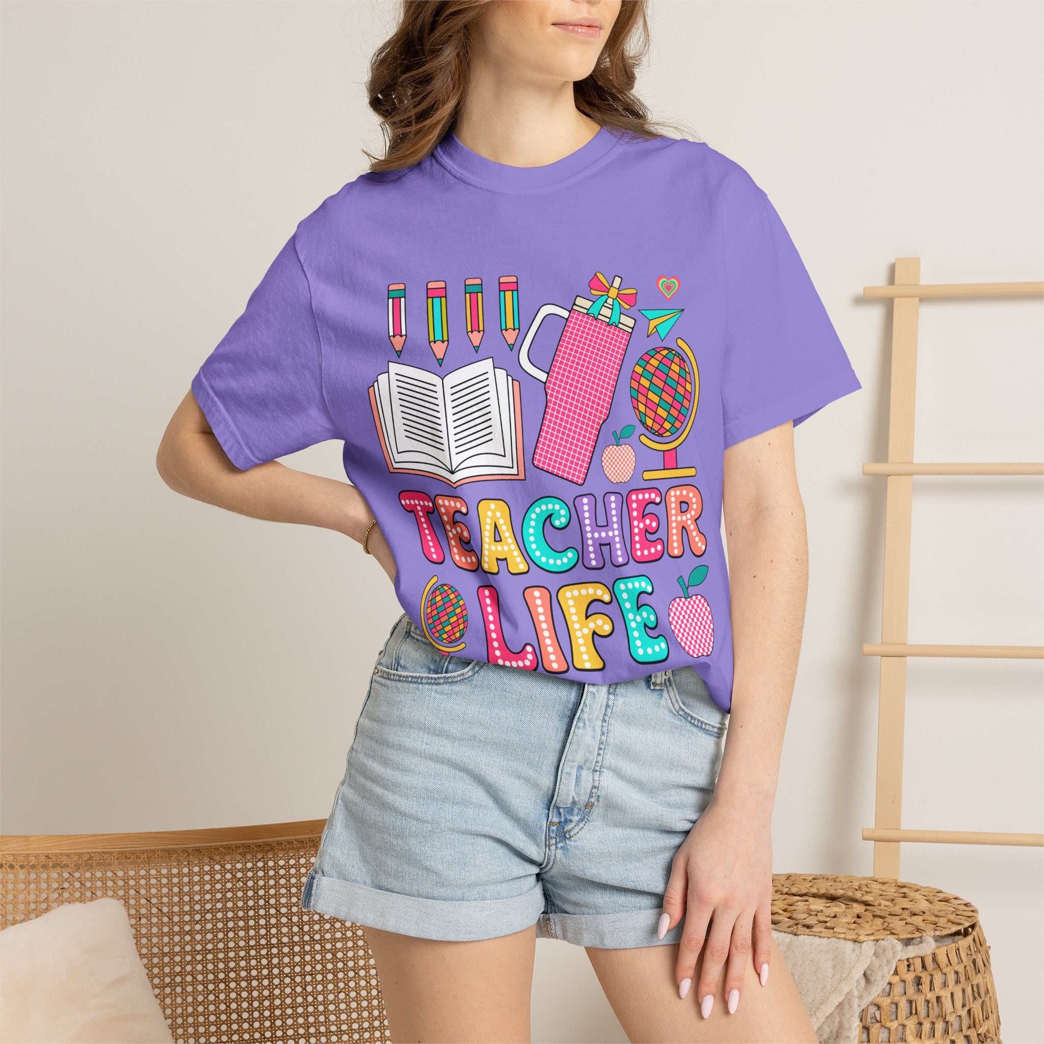 Teacher Life T-Shirt — Colorful School Supplies Graphic Tee