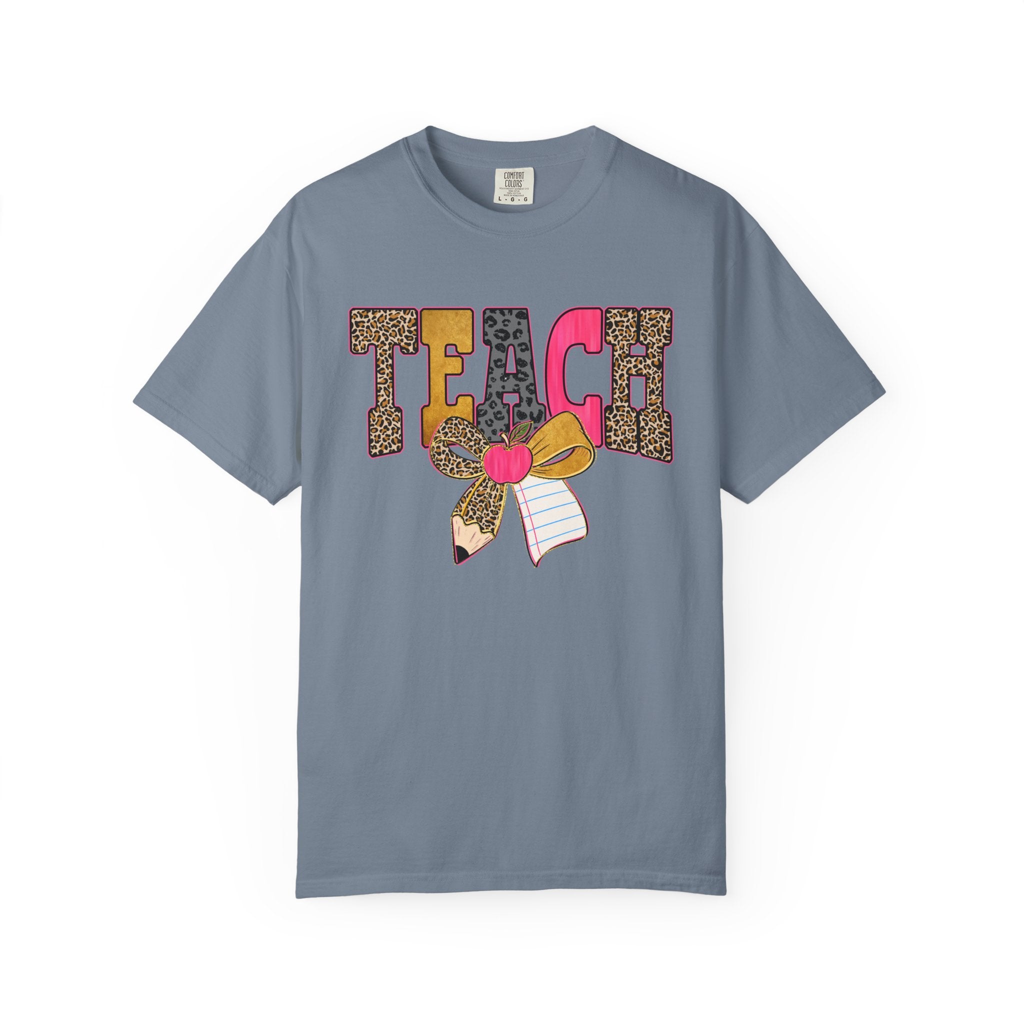Teacher Graphic Tee — 'TEACH' Leopard Print Pencil Bow Design