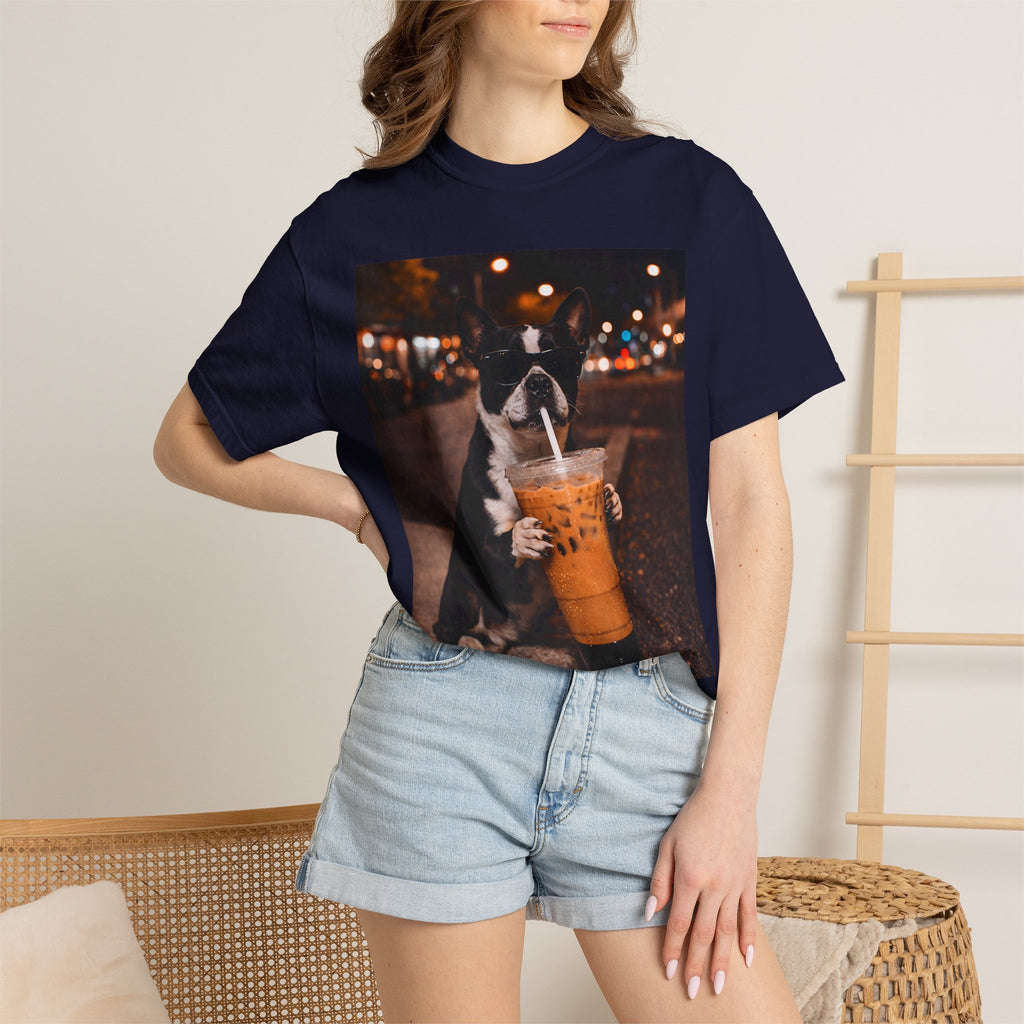 Boston Terrier Sipping Iced Coffee T-Shirt — Cute Dog Photo Tee