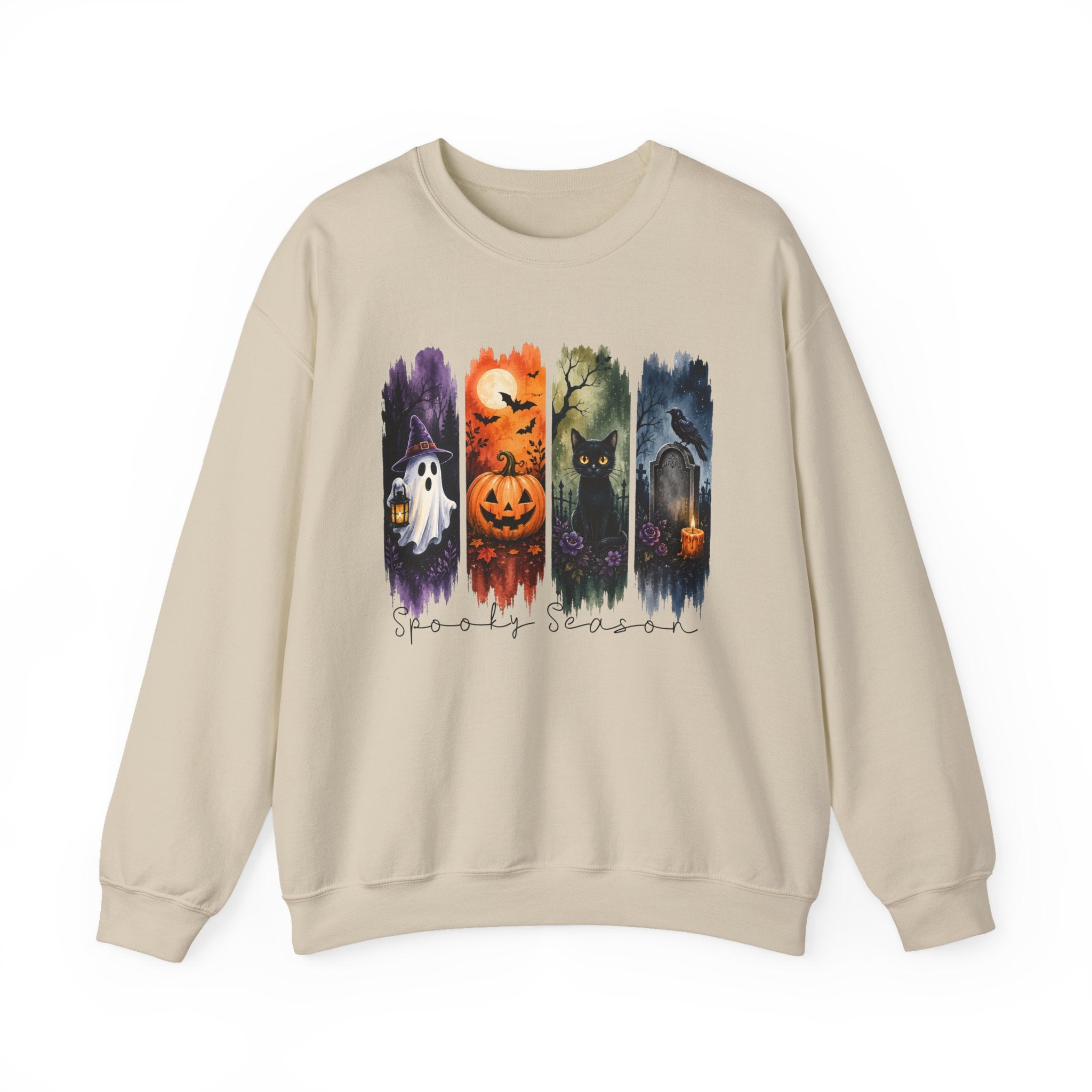Halloween Seasons Crewneck Sweatshirt — Spooky Ghost, Jack-o'-Lantern & Haunted Night Design