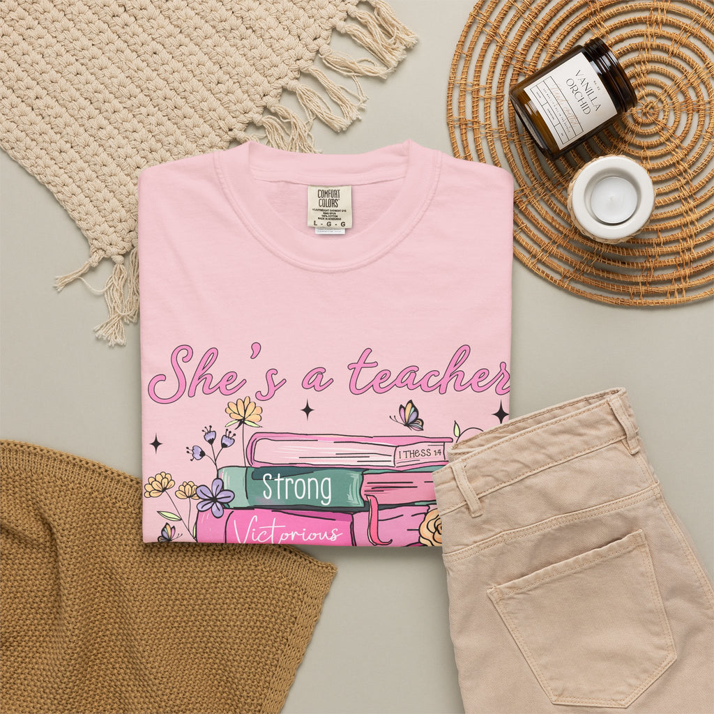 Teacher Appreciation T-Shirt — "She's a Teacher" Floral Stack Design