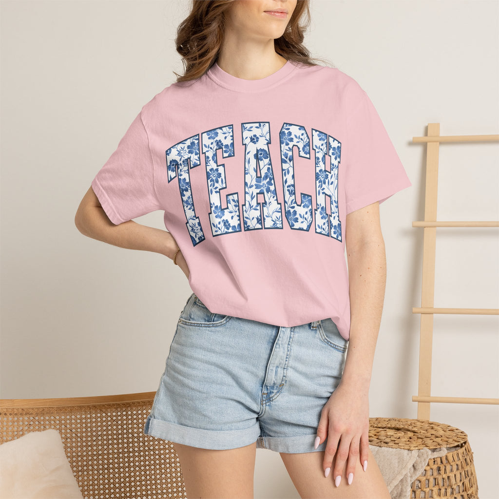 Teacher Floral Arch T-Shirt — 'TEACH' Blue Floral Print Tee