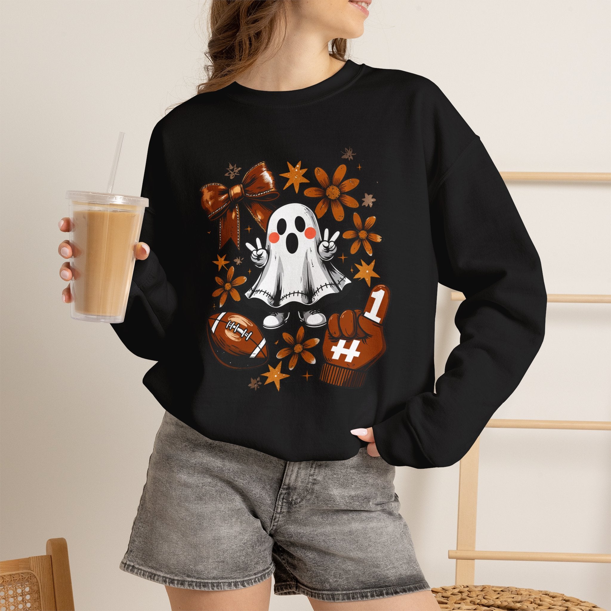 Football Ghost Crewneck Sweatshirt – Cute Spooky Game Day Design