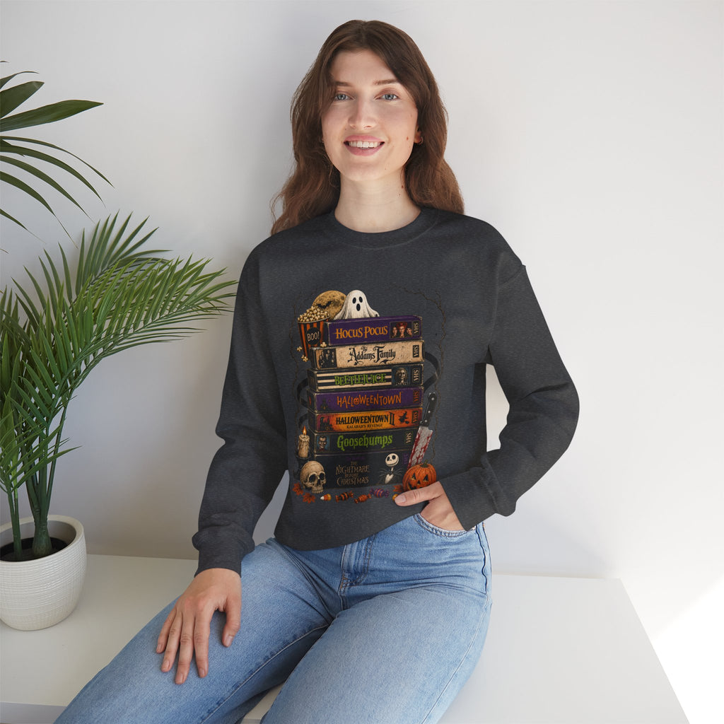 Halloween Book Stack Crewneck Sweatshirt — Spooky Classics Stack with Pumpkin & Skulls