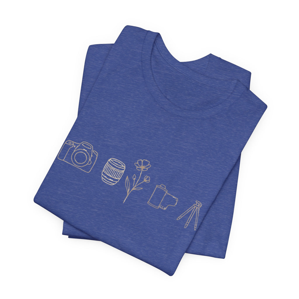 Photography Icons Tee — Minimal Camera, Film, Flower & Tripod Graphic Shirt