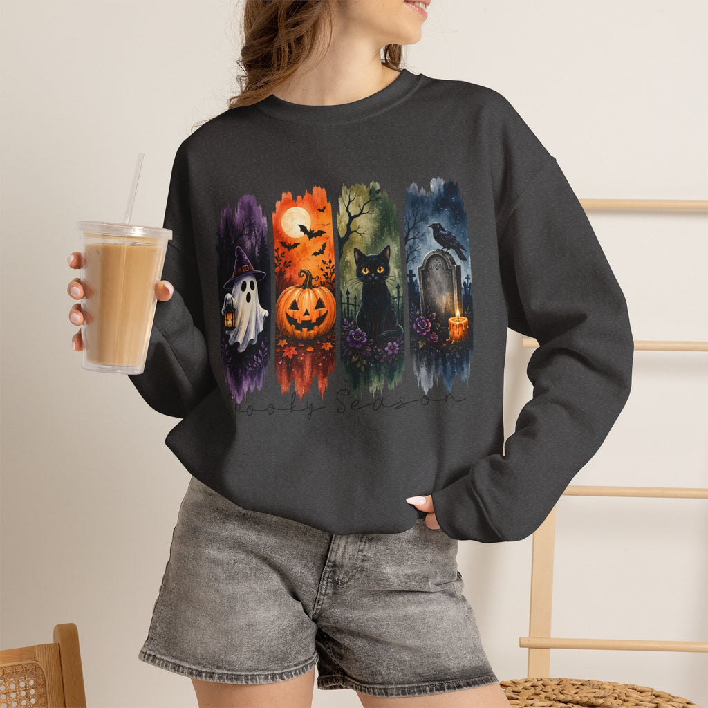 Halloween Seasons Crewneck Sweatshirt — Spooky Ghost, Jack-o'-Lantern & Haunted Night Design