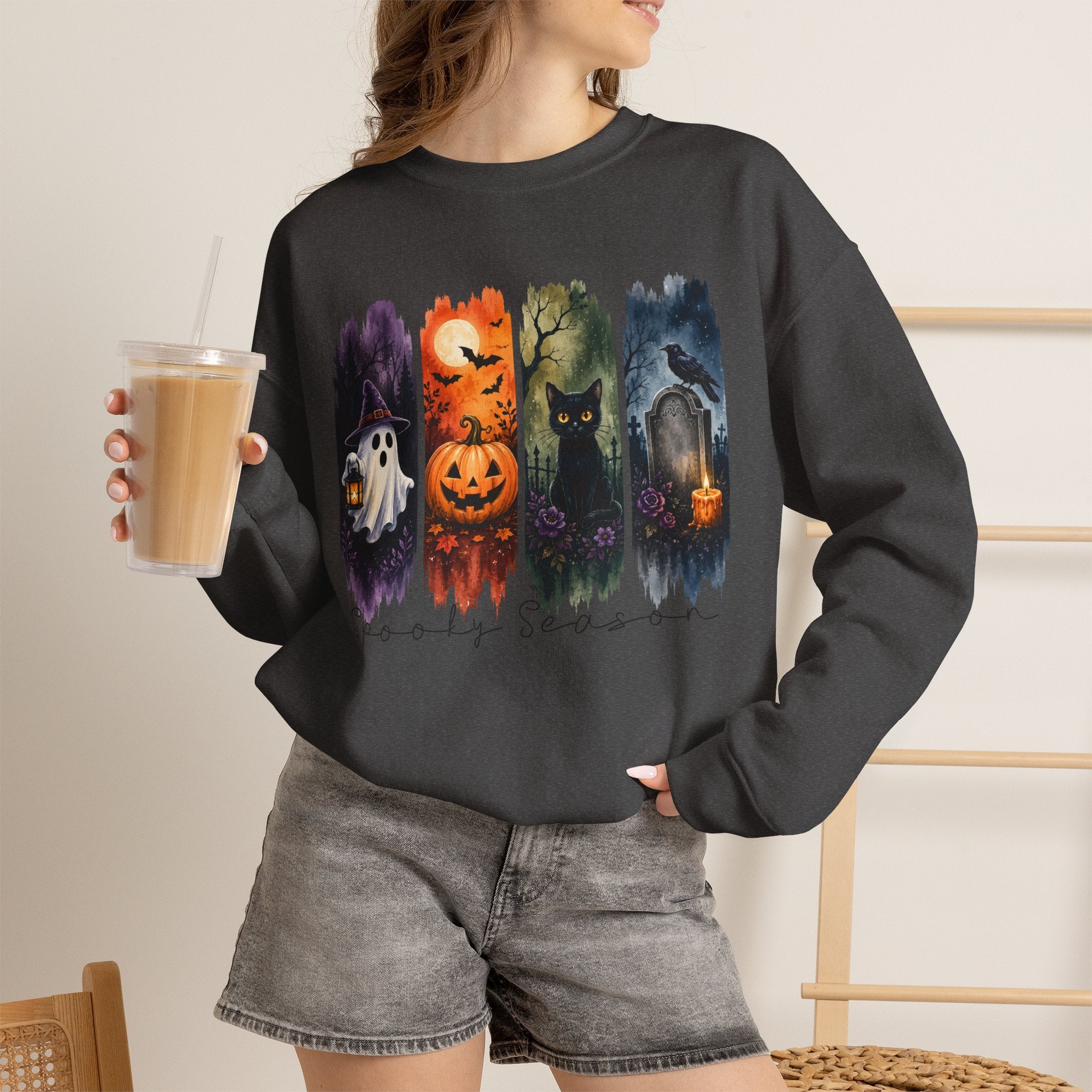 Halloween Seasons Crewneck Sweatshirt — Spooky Ghost, Jack-o'-Lantern & Haunted Night Design