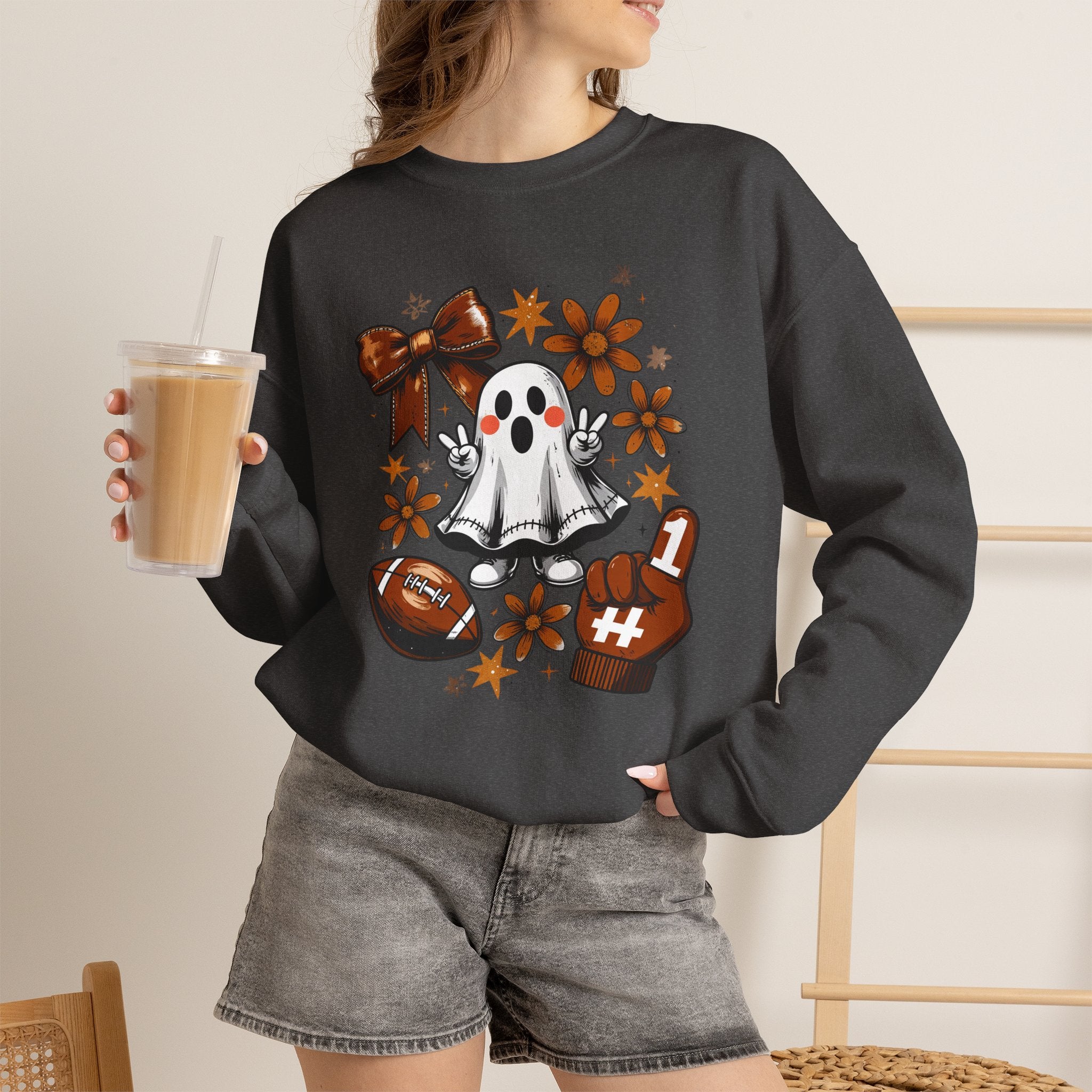 Football Ghost Crewneck Sweatshirt – Cute Spooky Game Day Design