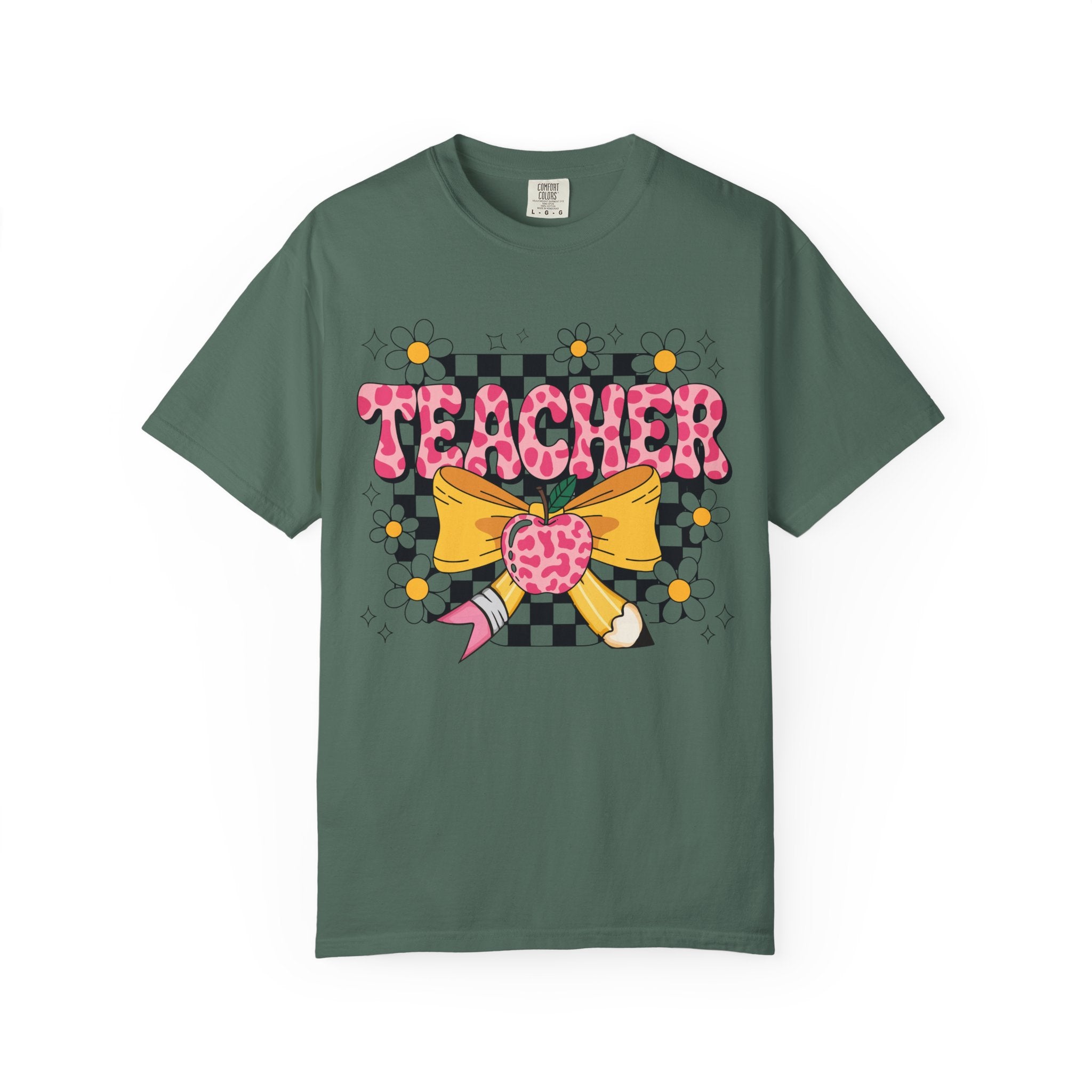 Teacher Floral Bow T‑Shirt — Cute Checkerboard & Heart Design for Educators