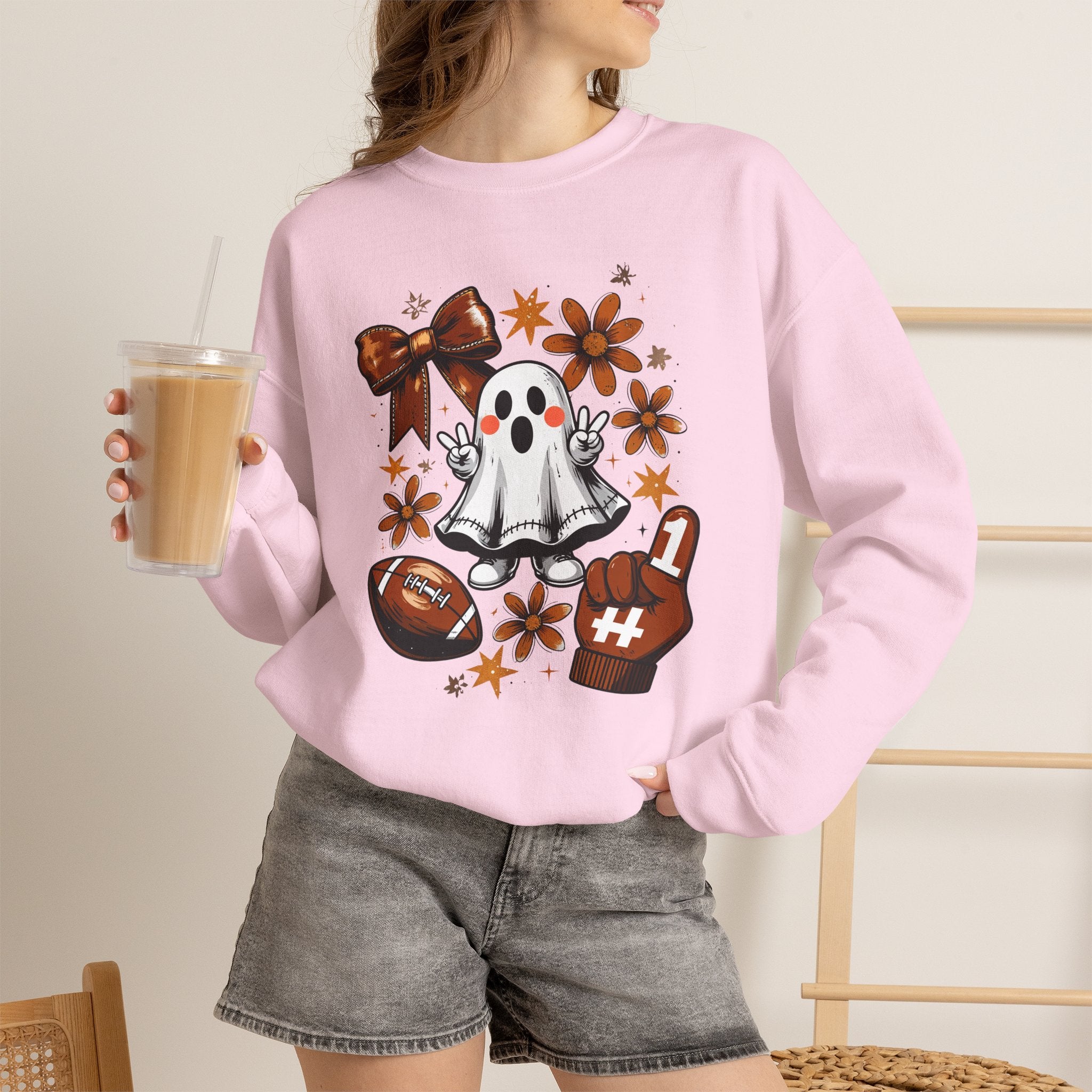 Football Ghost Crewneck Sweatshirt – Cute Spooky Game Day Design