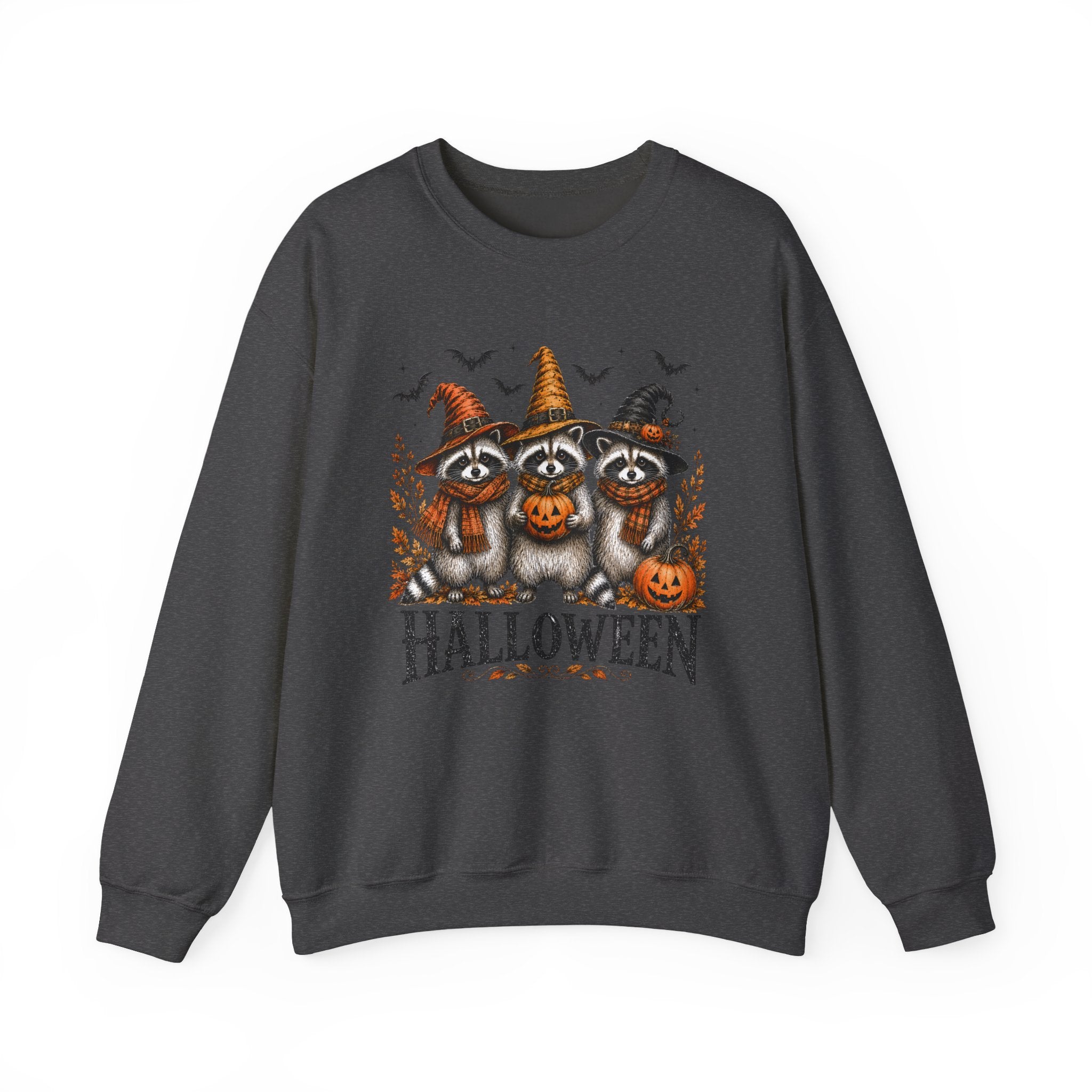 Halloween Raccoon Crewneck Sweatshirt — Cute Witch Hats & Pumpkin Design
