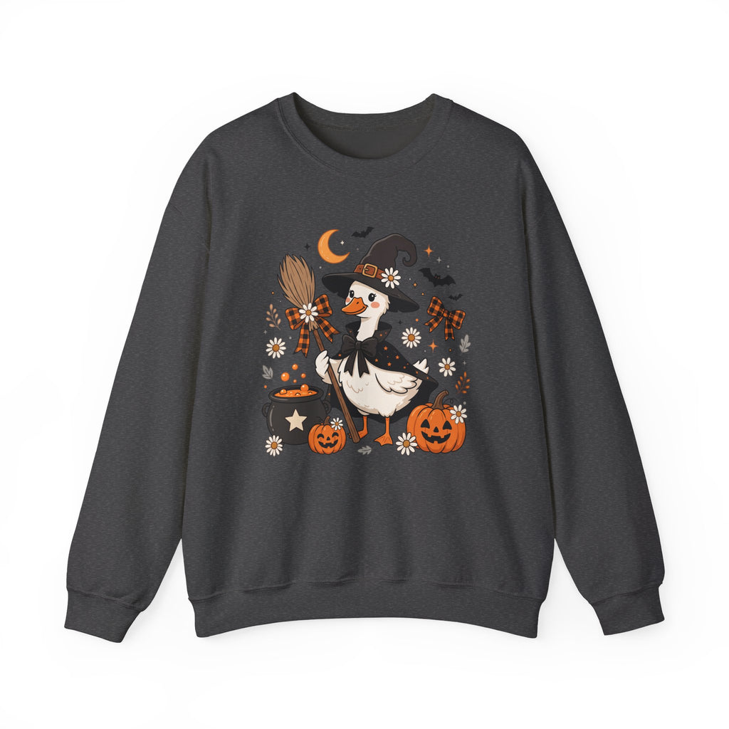 Halloween Duck Witch Crewneck Sweatshirt — Cute Pumpkin & Cauldron Graphic