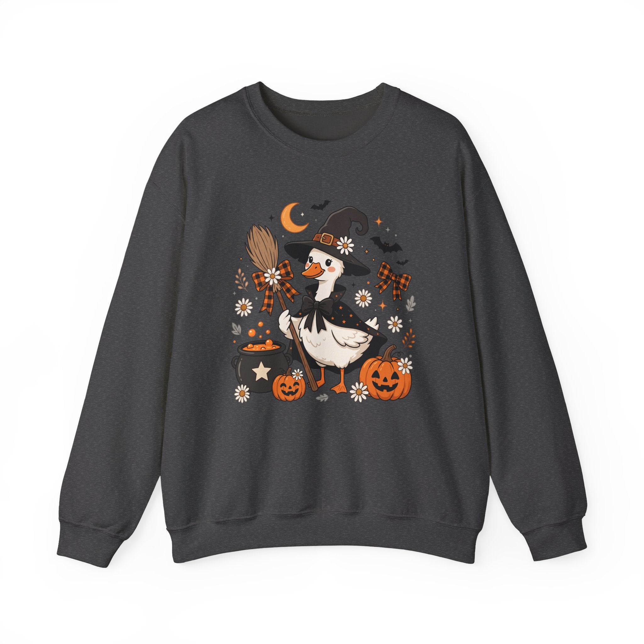 Halloween Duck Witch Crewneck Sweatshirt — Cute Pumpkin & Cauldron Graphic