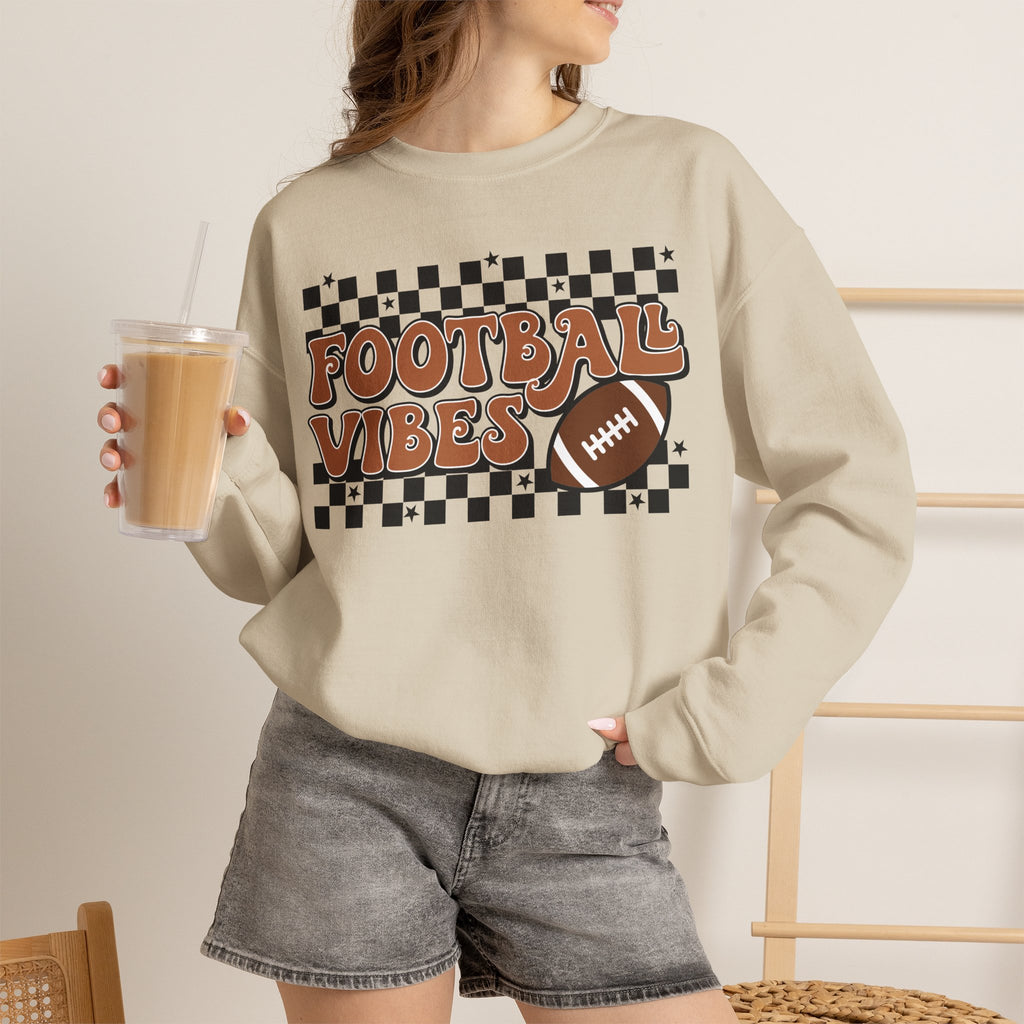 Football Vibes Crewneck Sweatshirt — Retro Checkerboard Football Graphic