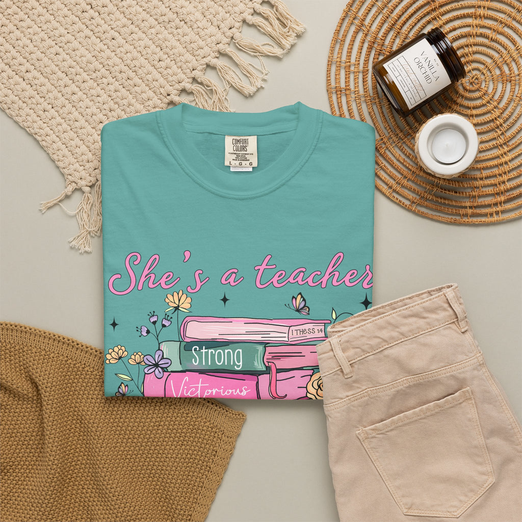Teacher Appreciation T-Shirt — "She's a Teacher" Floral Stack Design