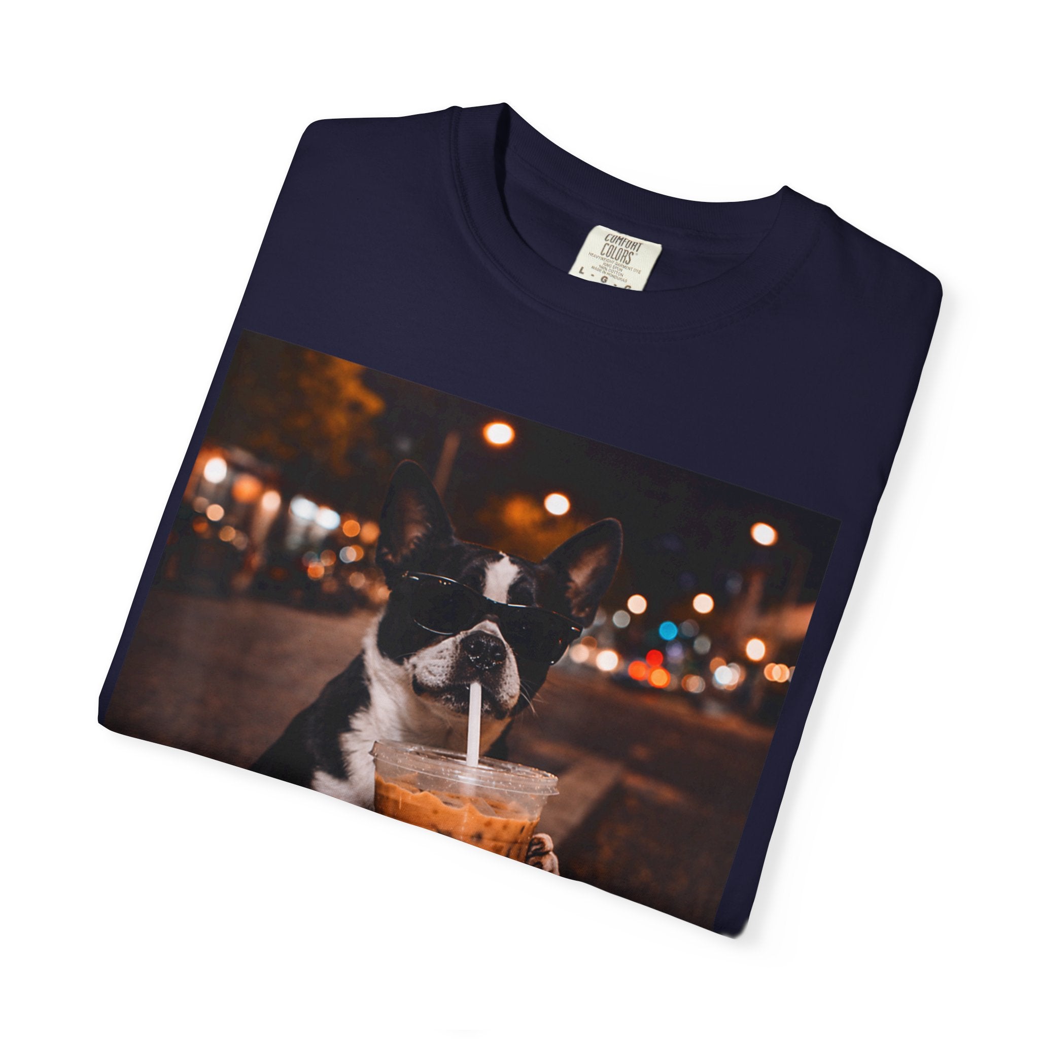 Boston Terrier Sipping Iced Coffee T-Shirt — Cute Dog Photo Tee