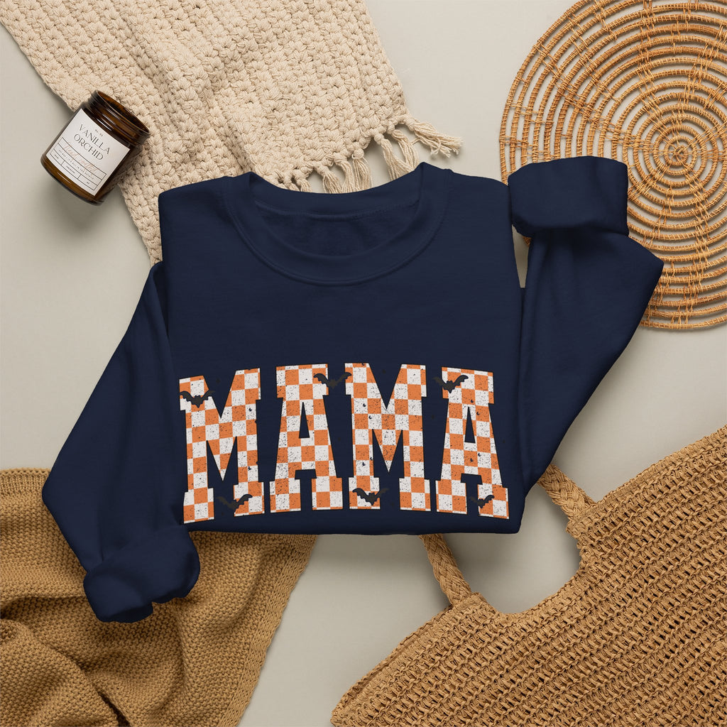 Mama Checkerboard Halloween Sweatshirt – Retro Orange Plaid Mama Pullover