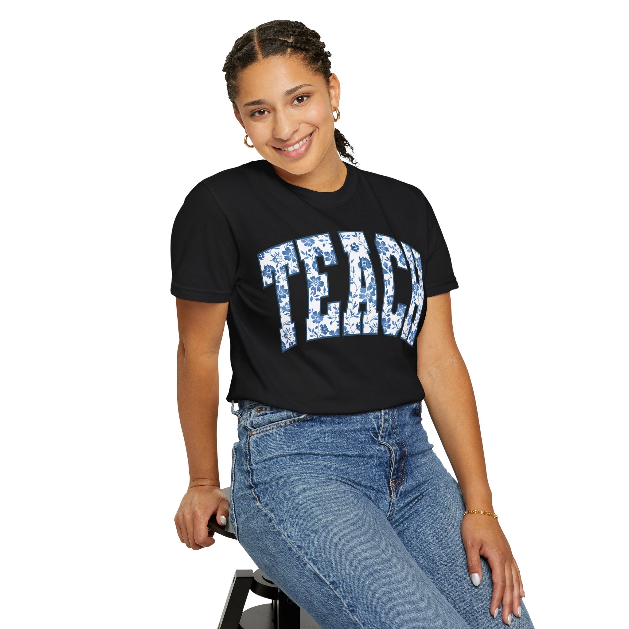 Teacher Floral Arch T-Shirt — 'TEACH' Blue Floral Print Tee