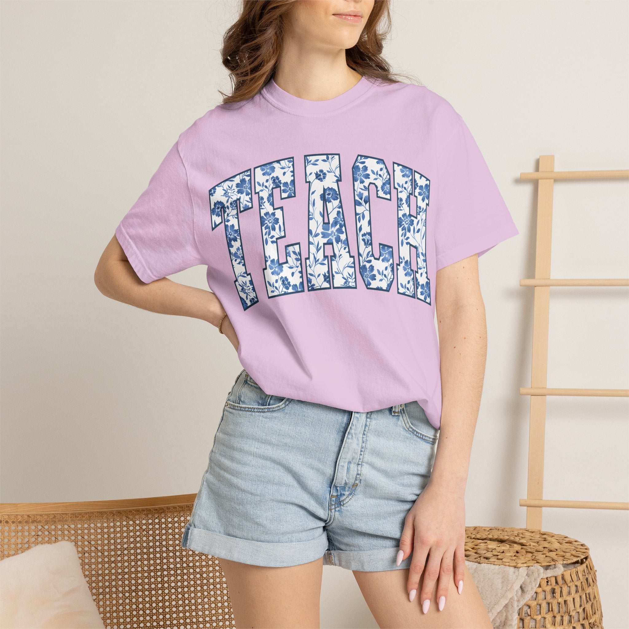 Teacher Floral Arch T-Shirt — 'TEACH' Blue Floral Print Tee
