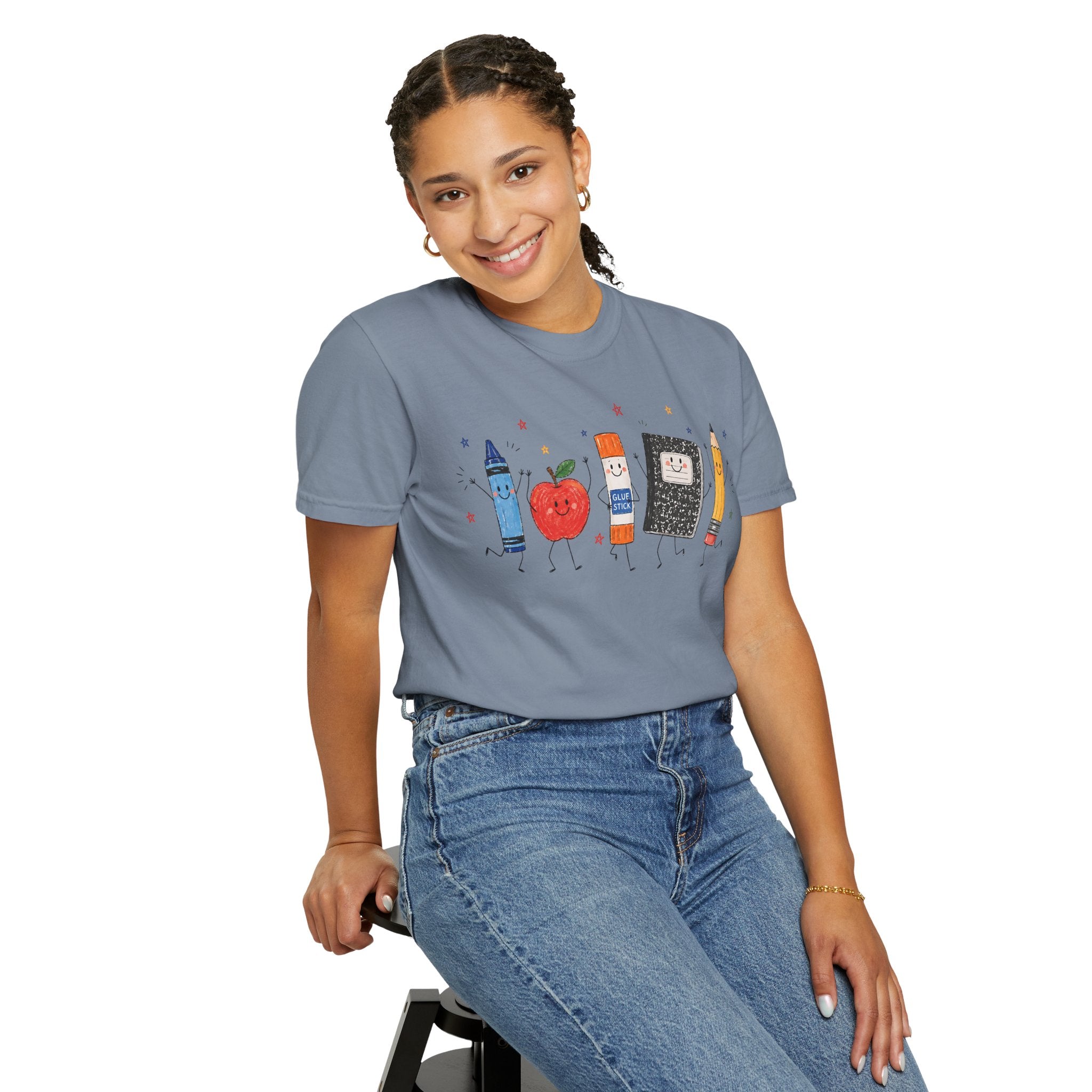 Cute School Supplies Teacher T-Shirt — Happy Apple, Crayon & Pencil Graphic Tee
