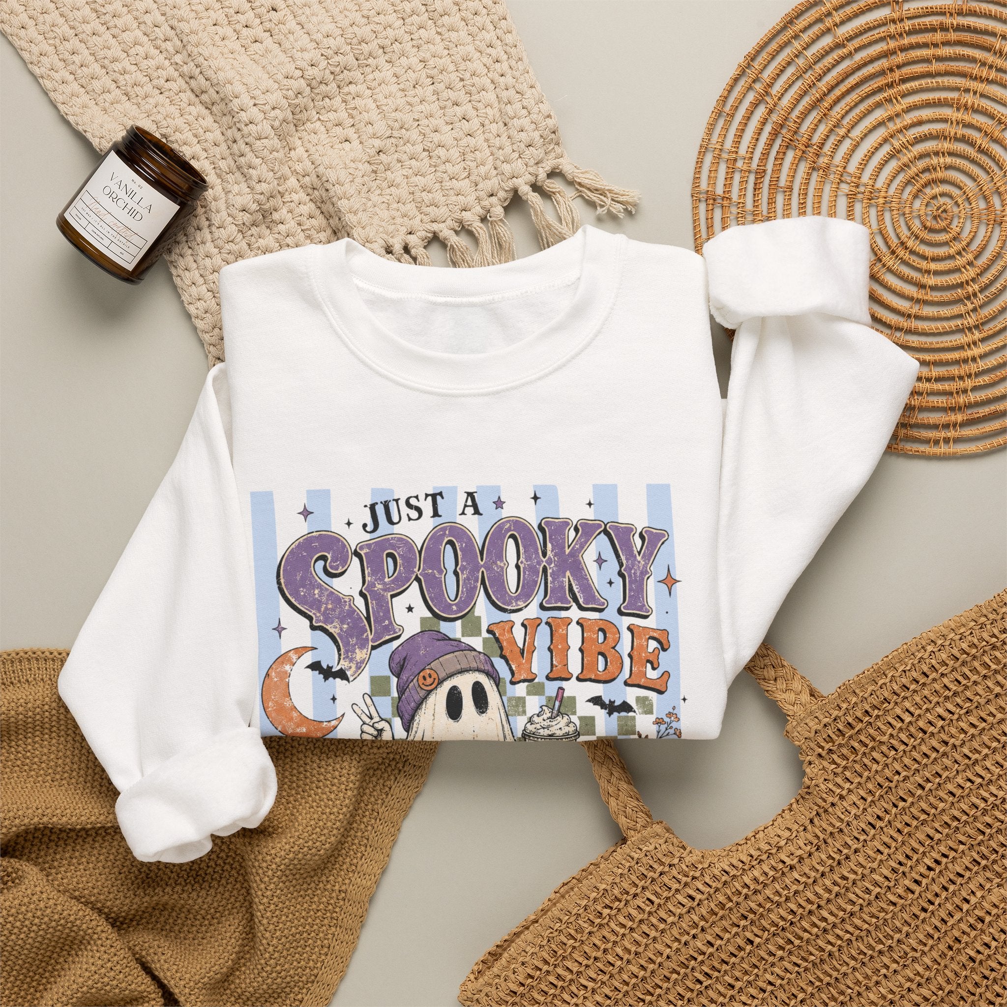 Spooky Vibe Crewneck Sweatshirt — Cute Halloween Ghost Pumpkin Graphic