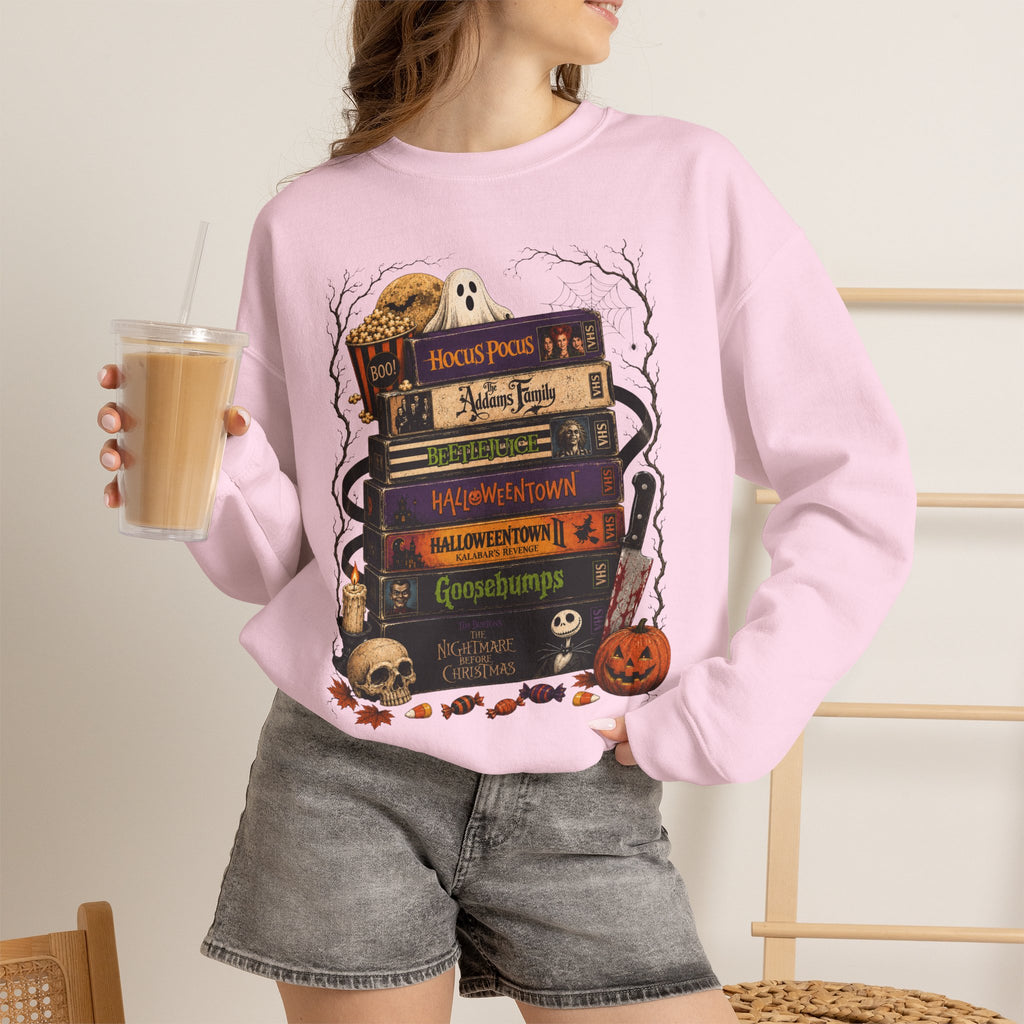 Halloween Book Stack Crewneck Sweatshirt — Spooky Classics Stack with Pumpkin & Skulls