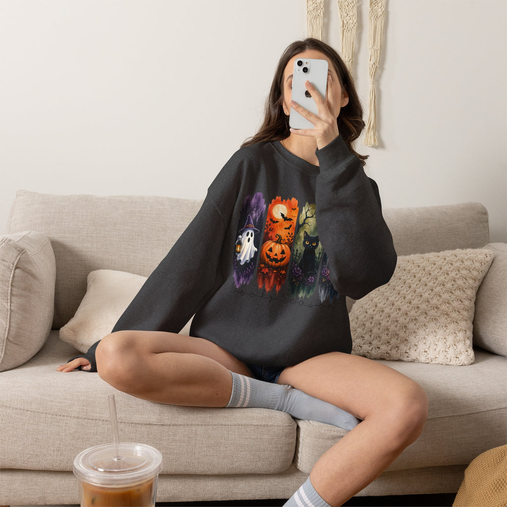 Halloween Seasons Crewneck Sweatshirt — Spooky Ghost, Jack-o'-Lantern & Haunted Night Design