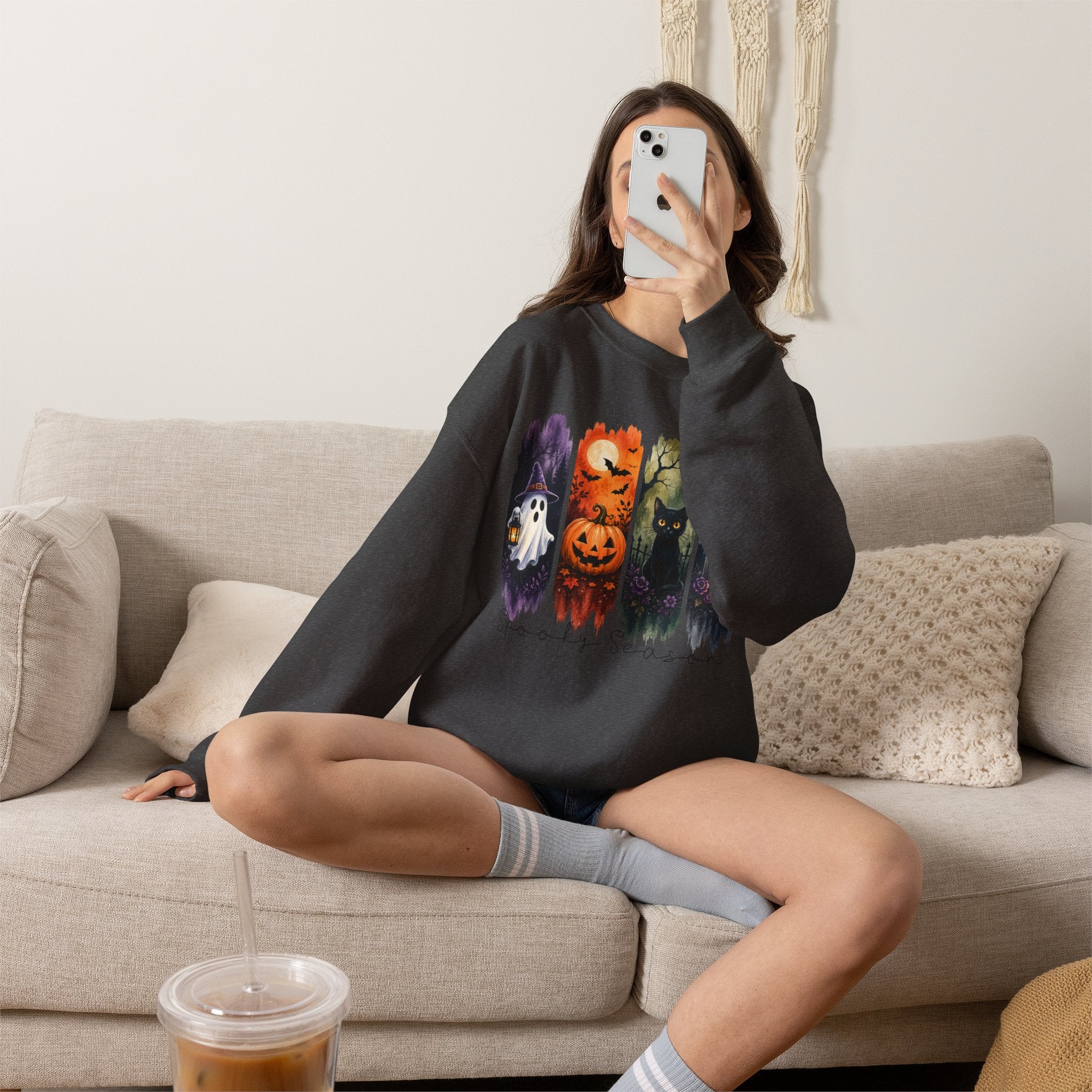 Halloween Seasons Crewneck Sweatshirt — Spooky Ghost, Jack-o'-Lantern & Haunted Night Design