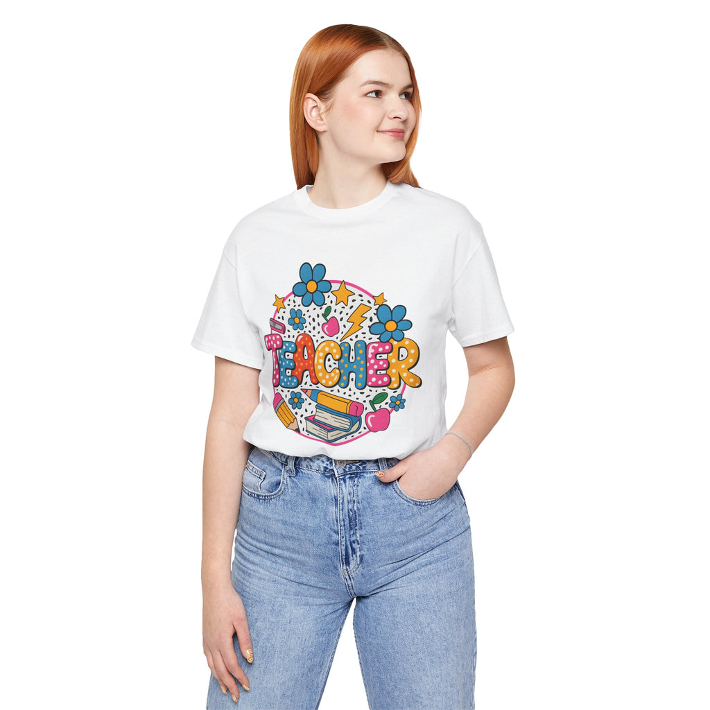 Teacher Doodle Graphic Tee — Colorful School Supplies Design