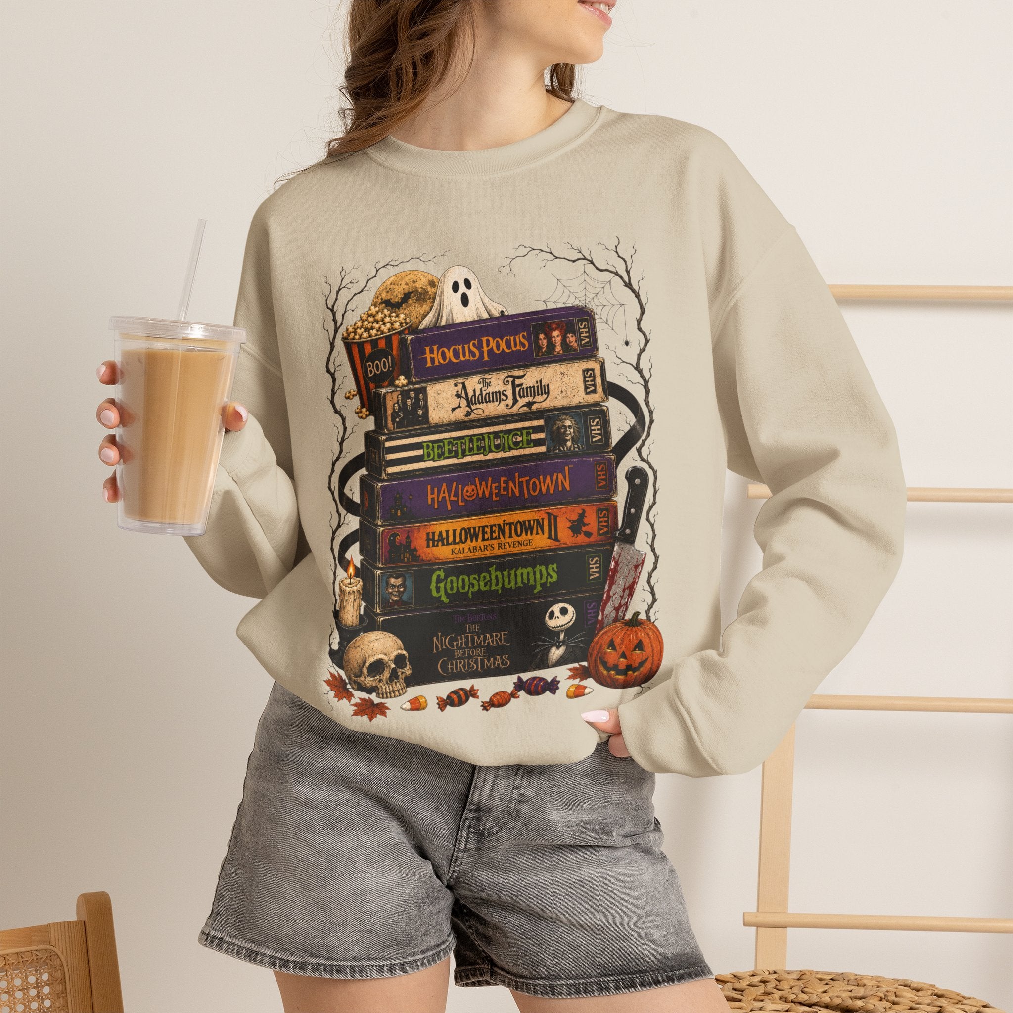 Halloween Book Stack Crewneck Sweatshirt — Spooky Classics Stack with Pumpkin & Skulls