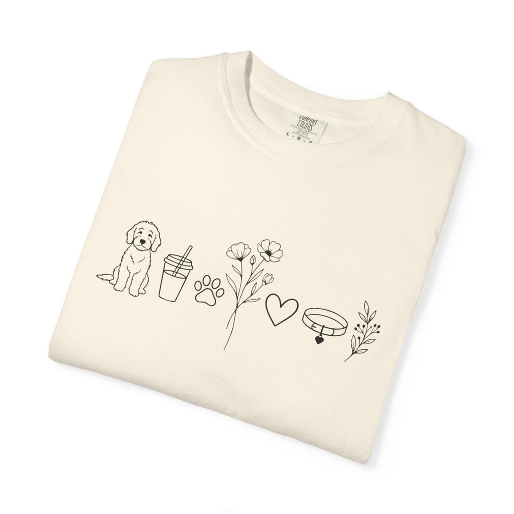 Minimal Doodle and Floral Icons T-Shirt — Coffee, Plants & Dog Line Art Tee