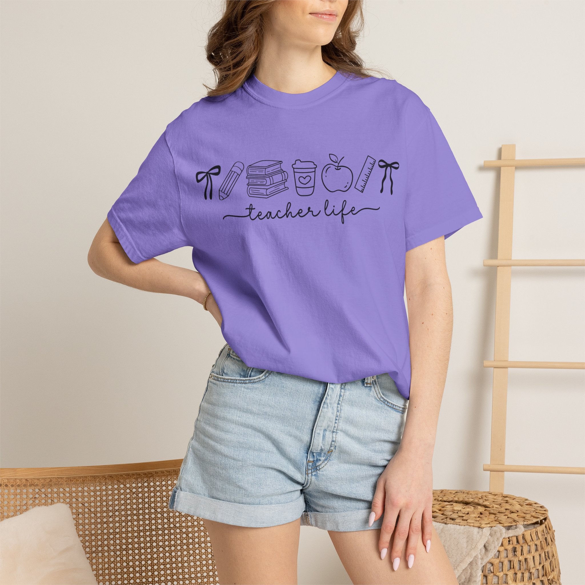 Teacher Life Tee — Minimalist Apple, Books & Coffee Graphic T-Shirt
