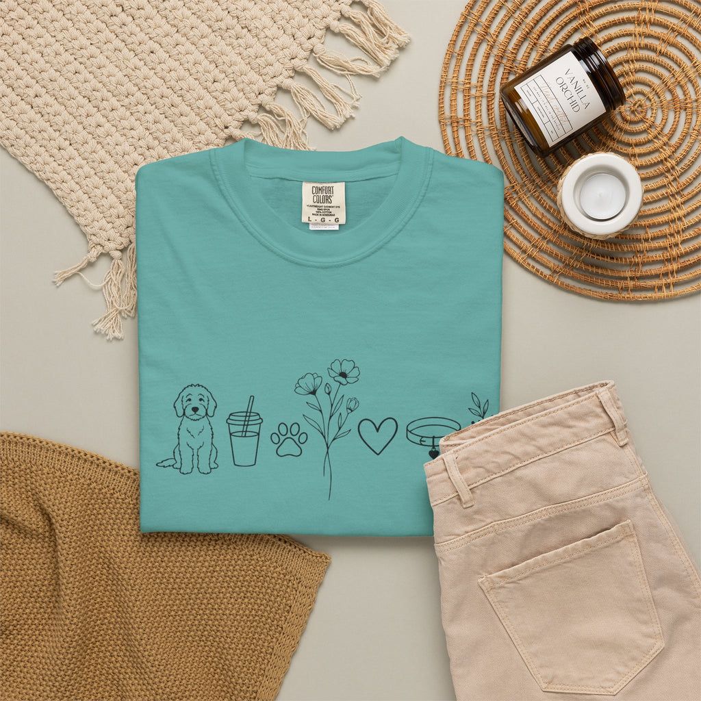 Minimal Doodle and Floral Icons T-Shirt — Coffee, Plants & Dog Line Art Tee