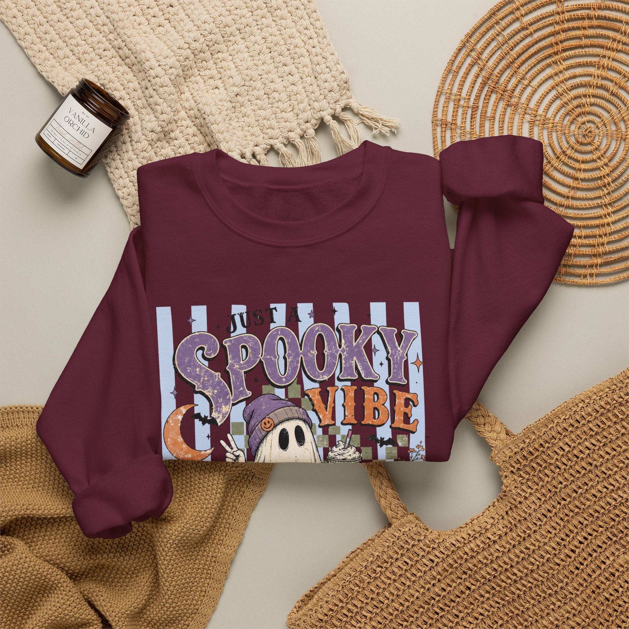 Spooky Vibe Crewneck Sweatshirt — Cute Halloween Ghost Pumpkin Graphic