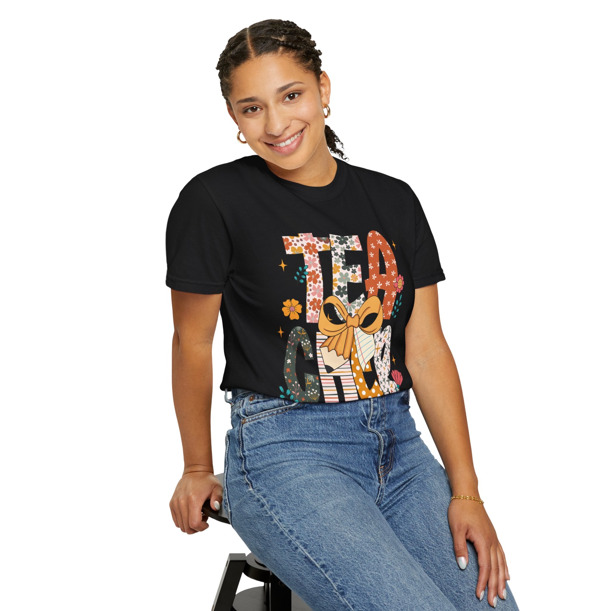 Teacher Graphic T-Shirt — Floral "Teacher" Design with Ribbon