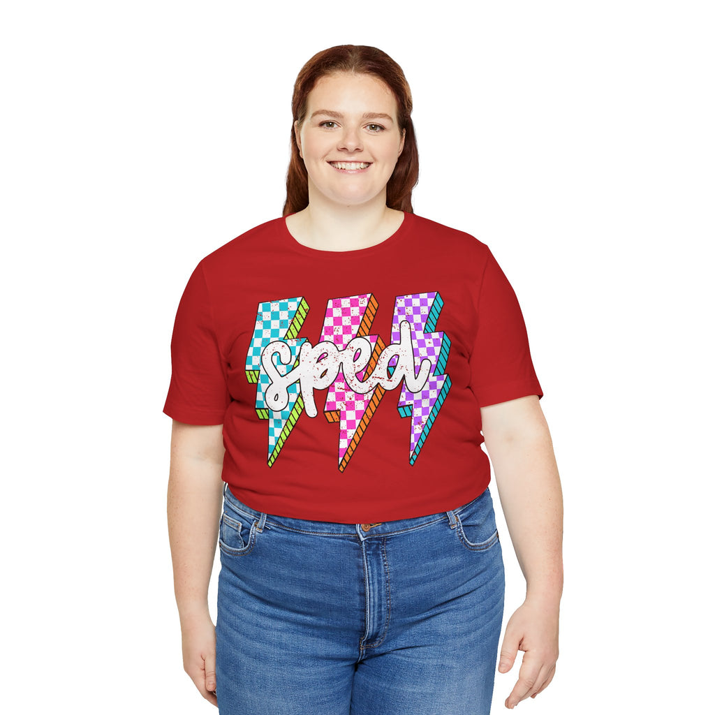 Speed Lightning Tee — Retro Checkerboard Bolt Graphic T-Shirt