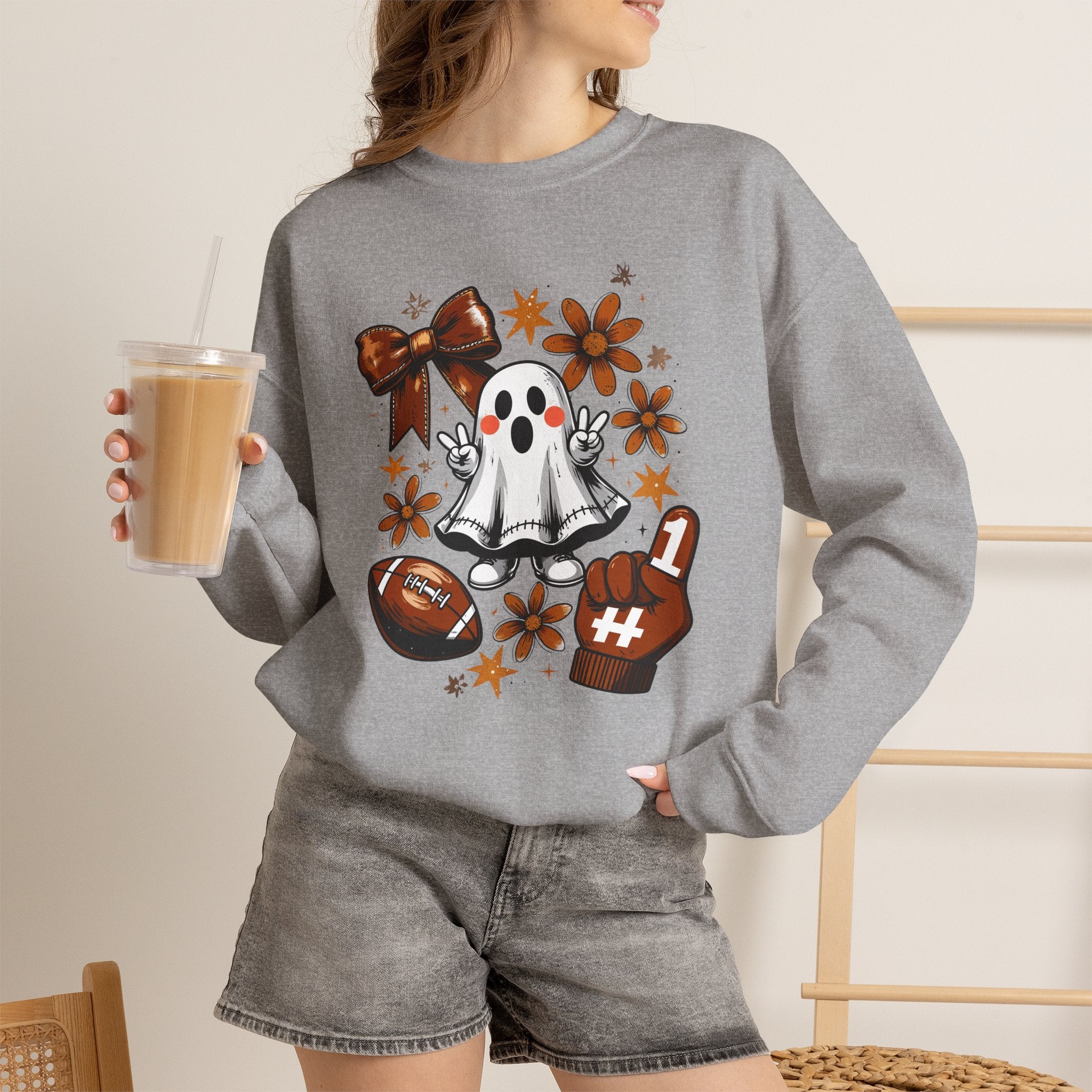 Football Ghost Crewneck Sweatshirt – Cute Spooky Game Day Design