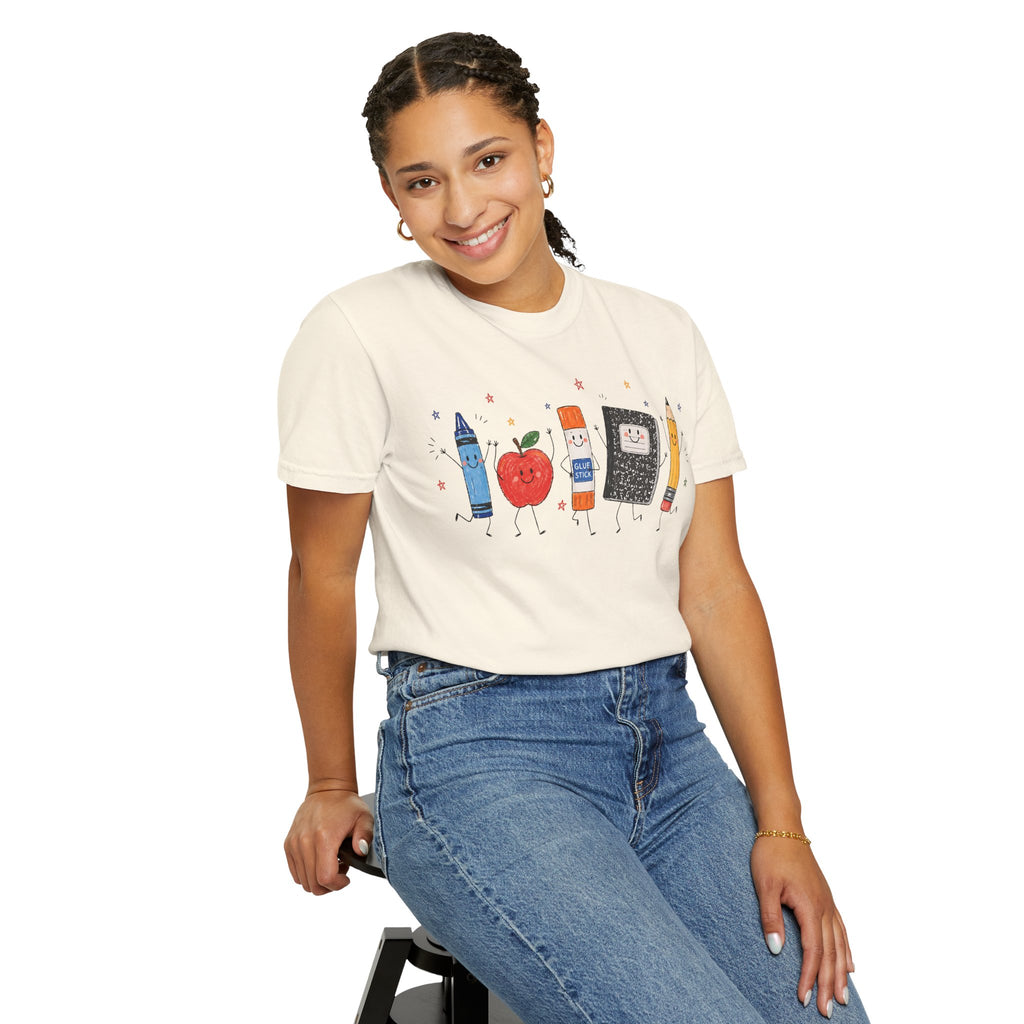 Cute School Supplies Teacher T-Shirt — Happy Apple, Crayon & Pencil Graphic Tee