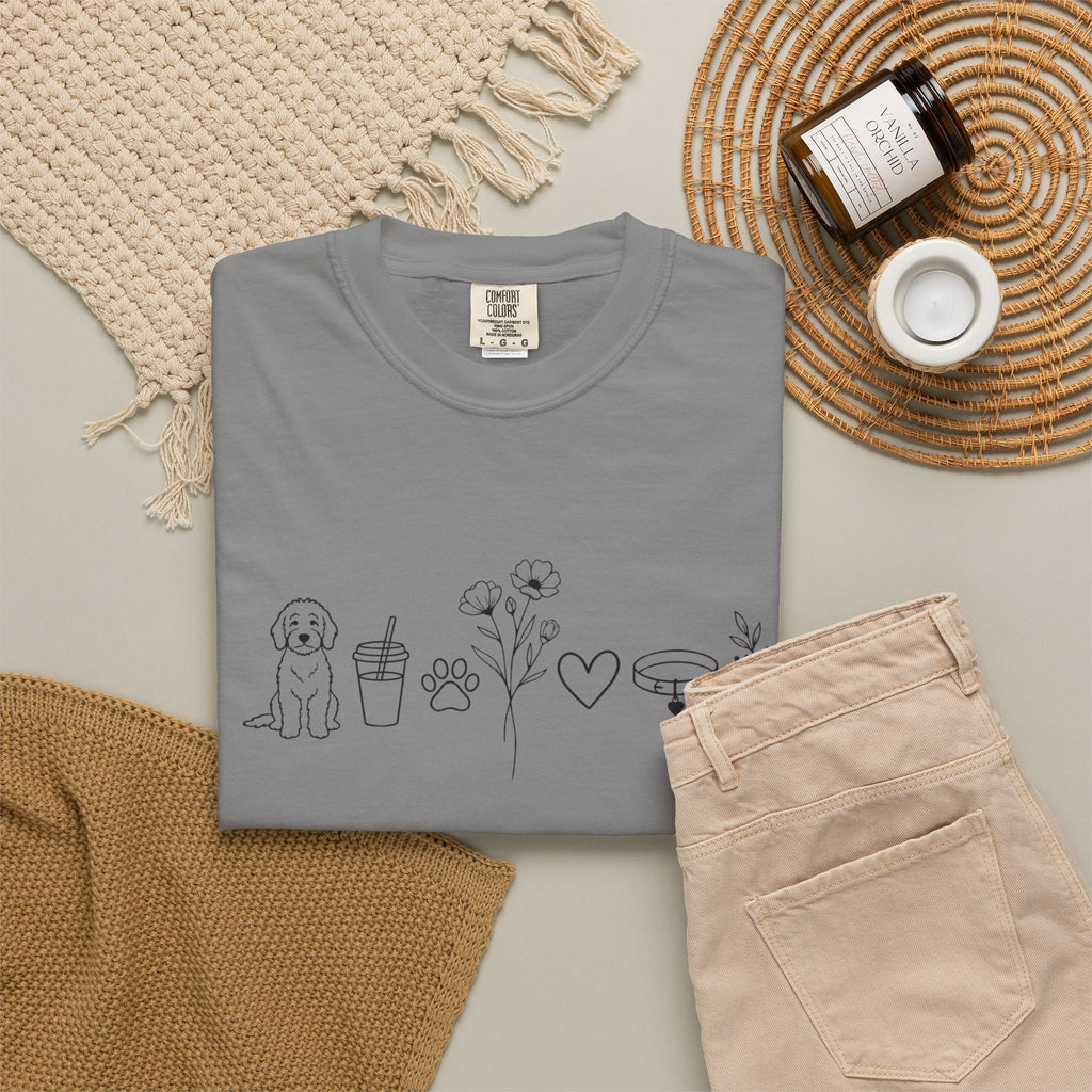 Minimal Doodle and Floral Icons T-Shirt — Coffee, Plants & Dog Line Art Tee