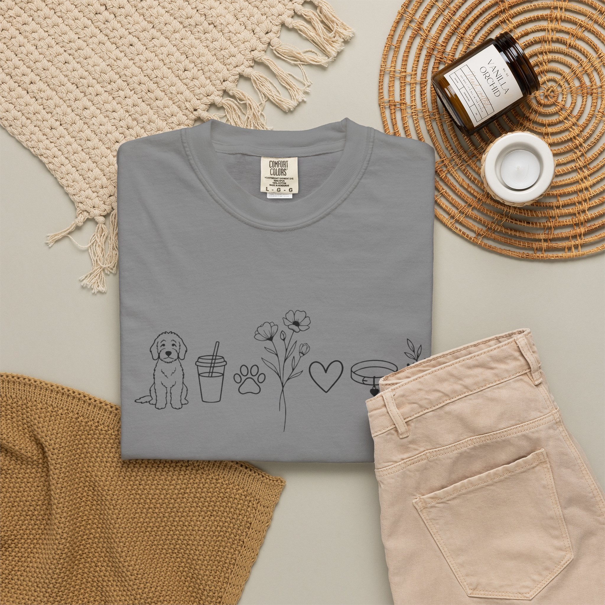 Minimal Doodle and Floral Icons T-Shirt — Coffee, Plants & Dog Line Art Tee