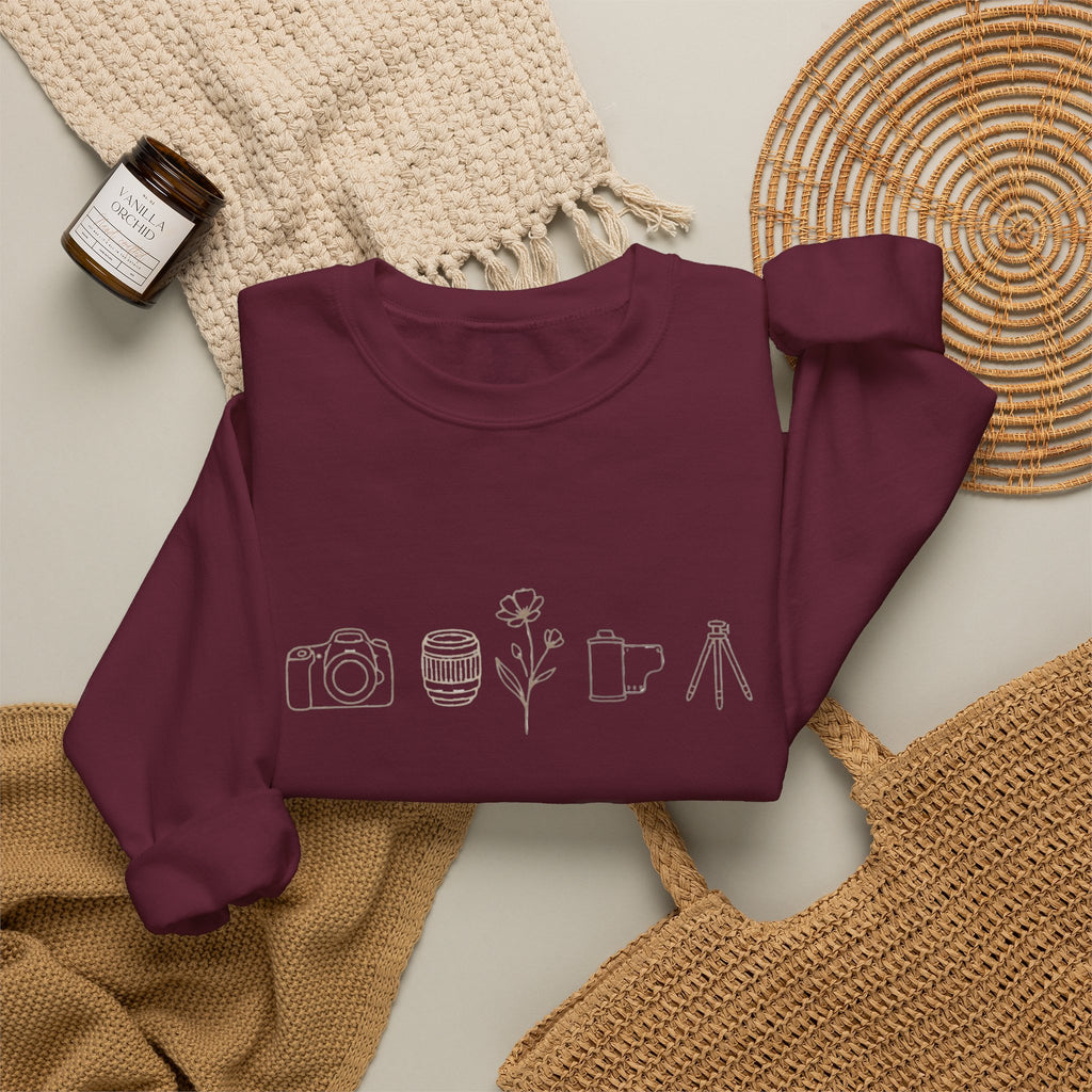 Photography Icons Crewneck Sweatshirt — Minimal Camera, Lens, Film & Tripod Design