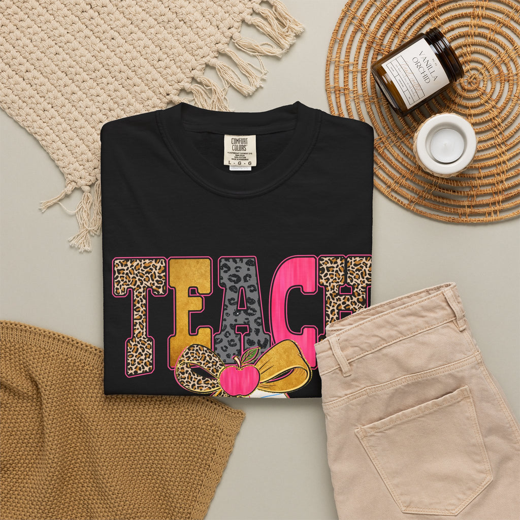 Teacher Graphic Tee — 'TEACH' Leopard Print Pencil Bow Design